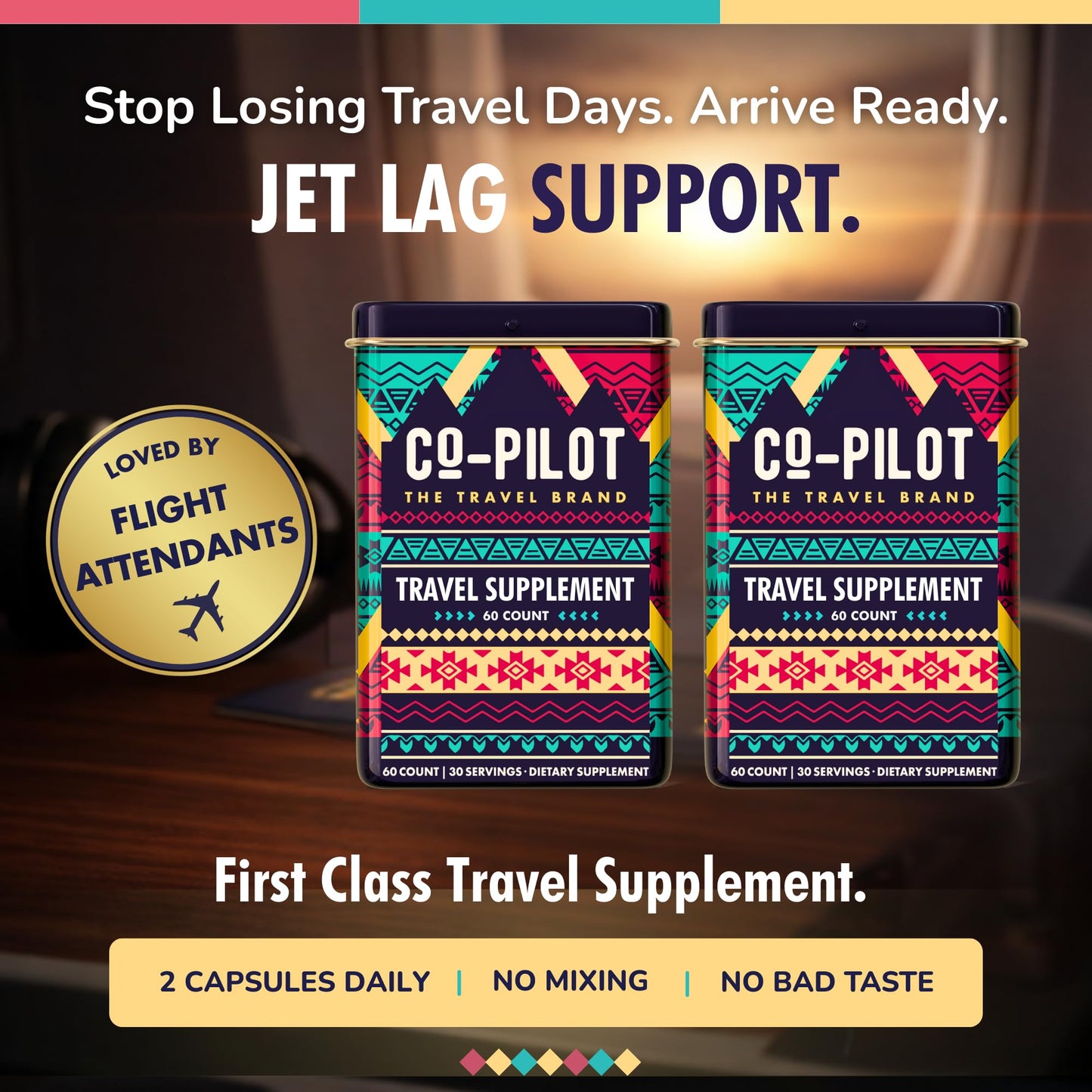 Co-Pilot The Travel Brand Jet Lag Prevention + Ashwagandha, Rhodiola, D3+ for Immune Support, Energy, Digestive Health Capsules 120