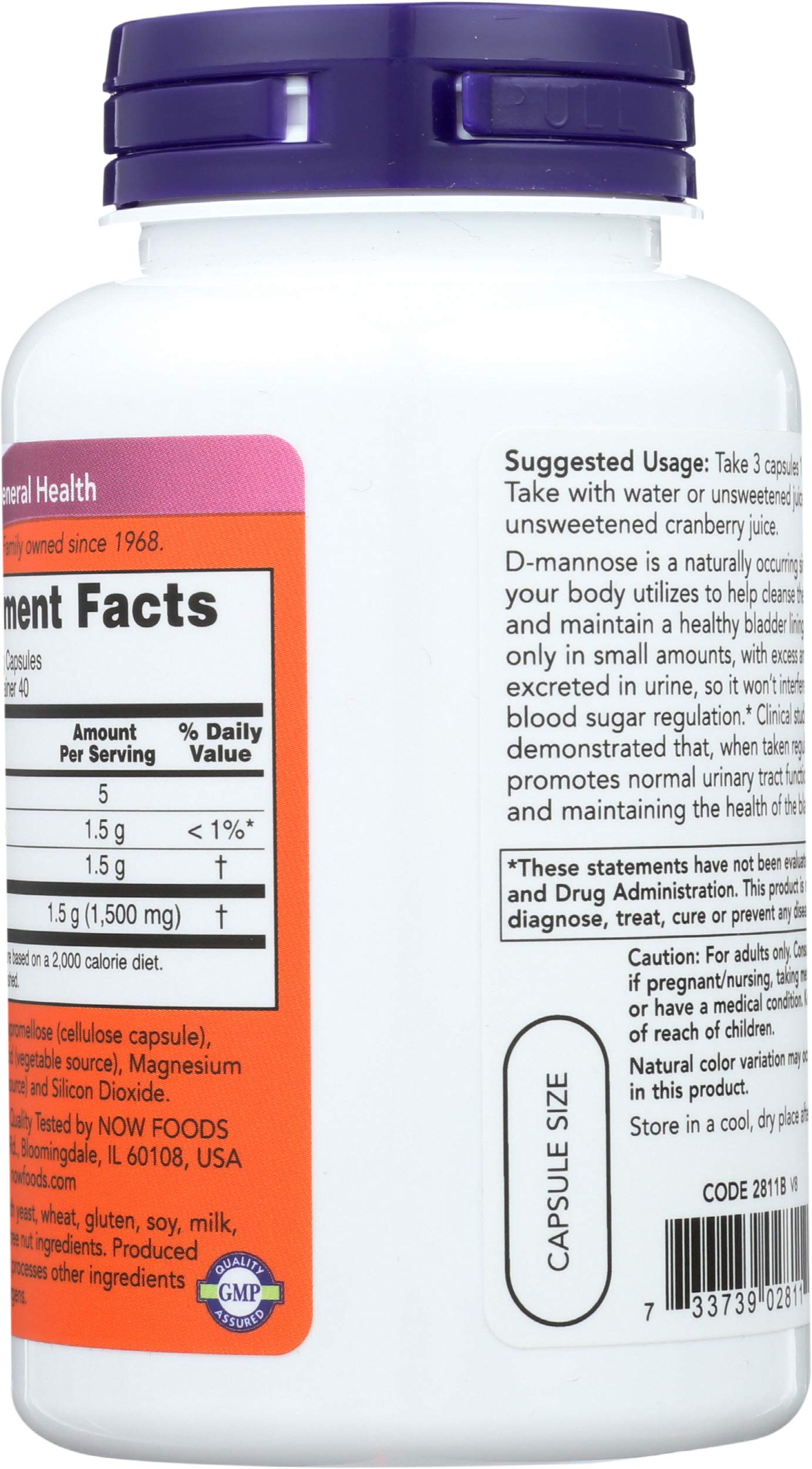 NOW Foods D-Mannose 500 mg Capsule, 360 Capsules