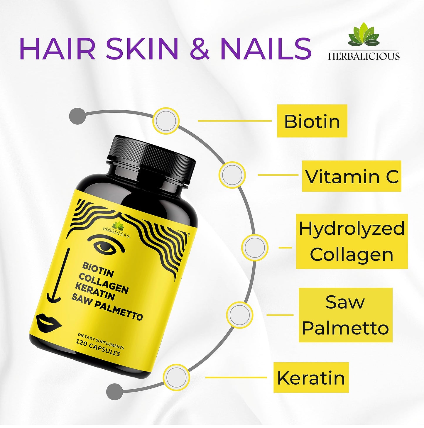HERBALICIOUS Biotin Collagen Keratin Capsules with Saw Palmetto, Hair Skin Nails Support Formula, 10,000 mcg Biotin, Vitamin C, 120 Capsules
