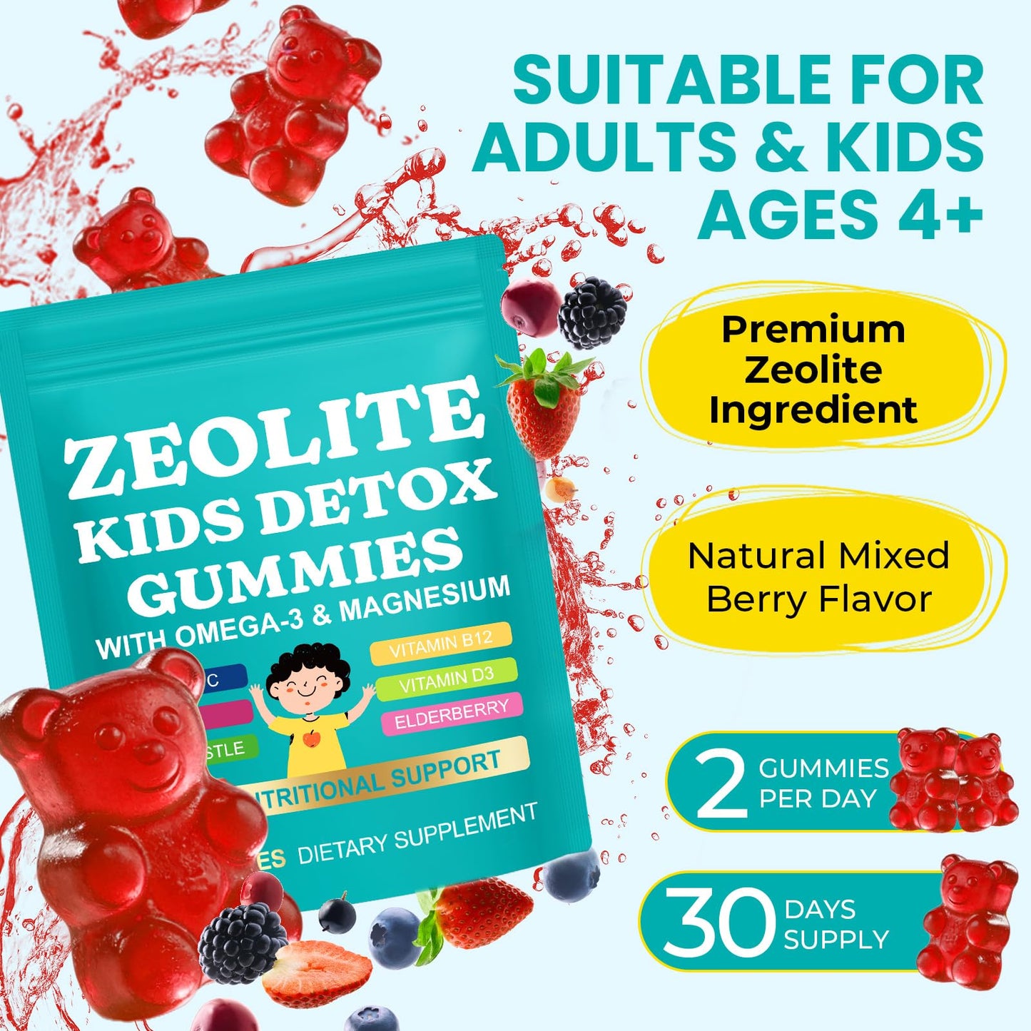 DLOMFVFQ Zeolite Kids Gummies Detox with Zeolite, Omega-3, Vitamin C, Vitamin D3, Zinc, B12 for Energy, Focus, Digestive & Immune Support, Sugar Free, 60 Gummies