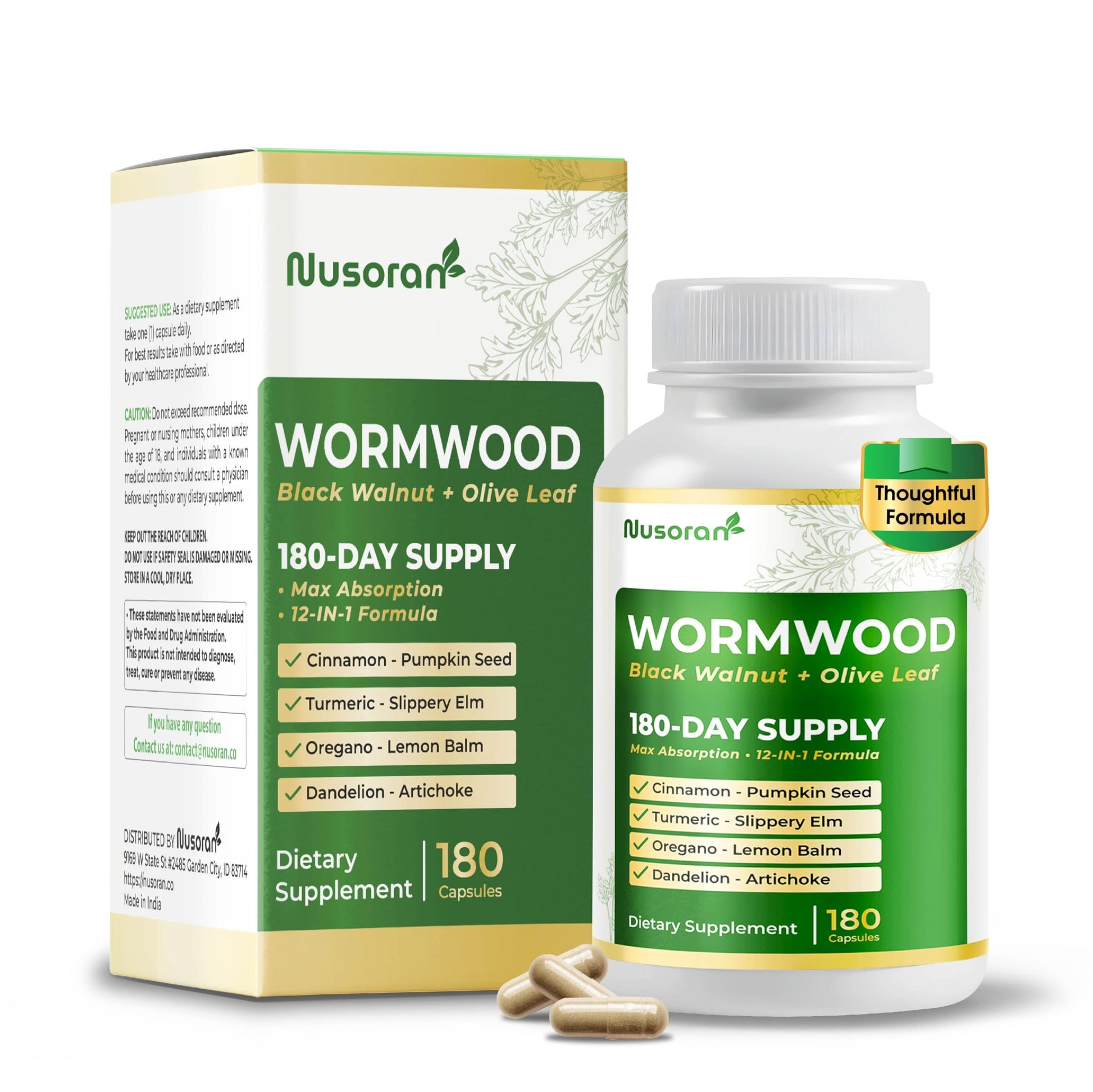NUSORAN Premium Wormwood 12-in-1 with Black Walnut, Olive Leaf, Pumpkin Seed, Turmeric, Max Absorption, 180 Capsules