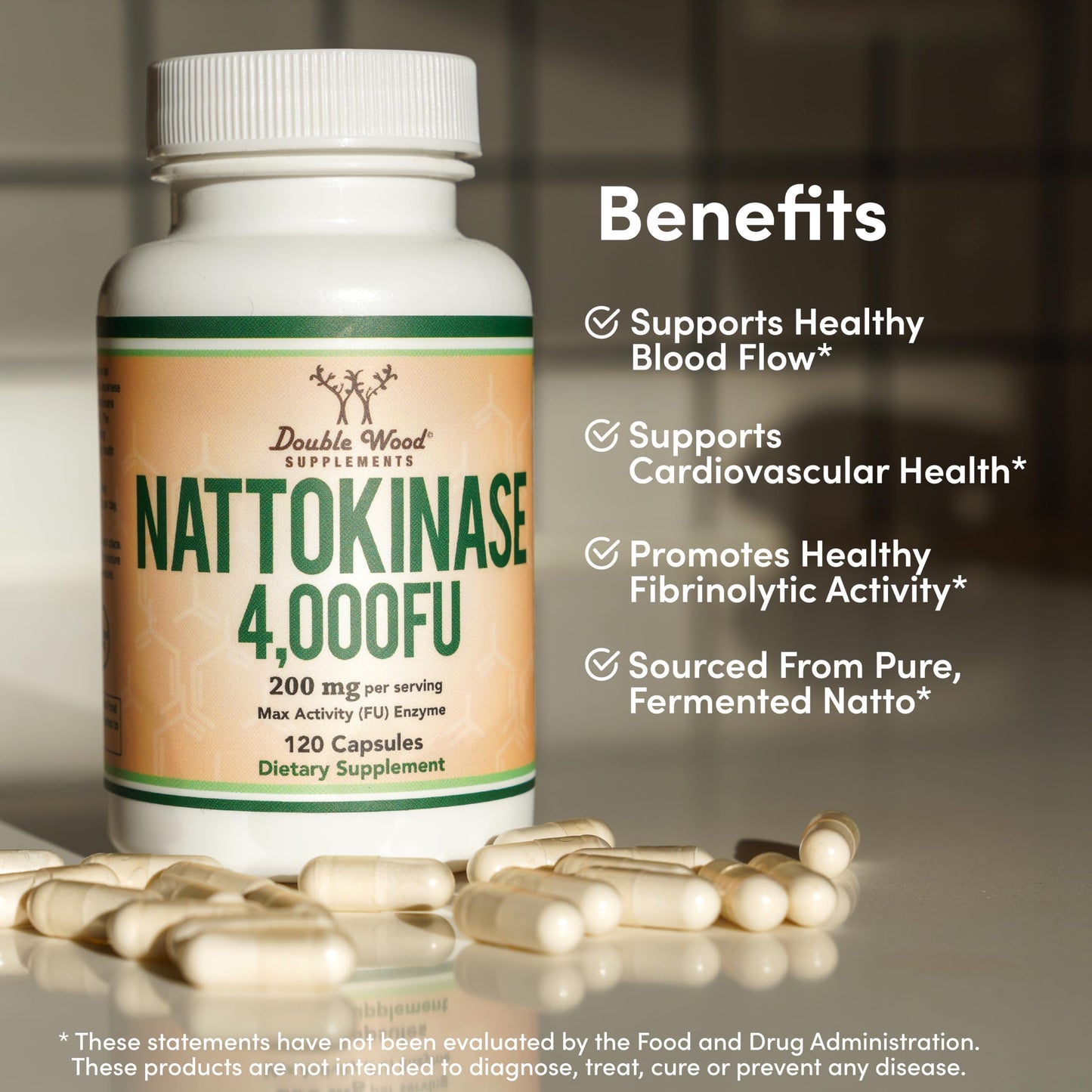 Double Wood Supplements Nattokinase Supplement, Serrapeptase & Citrus Bergamot Capsules, 300 Capsules