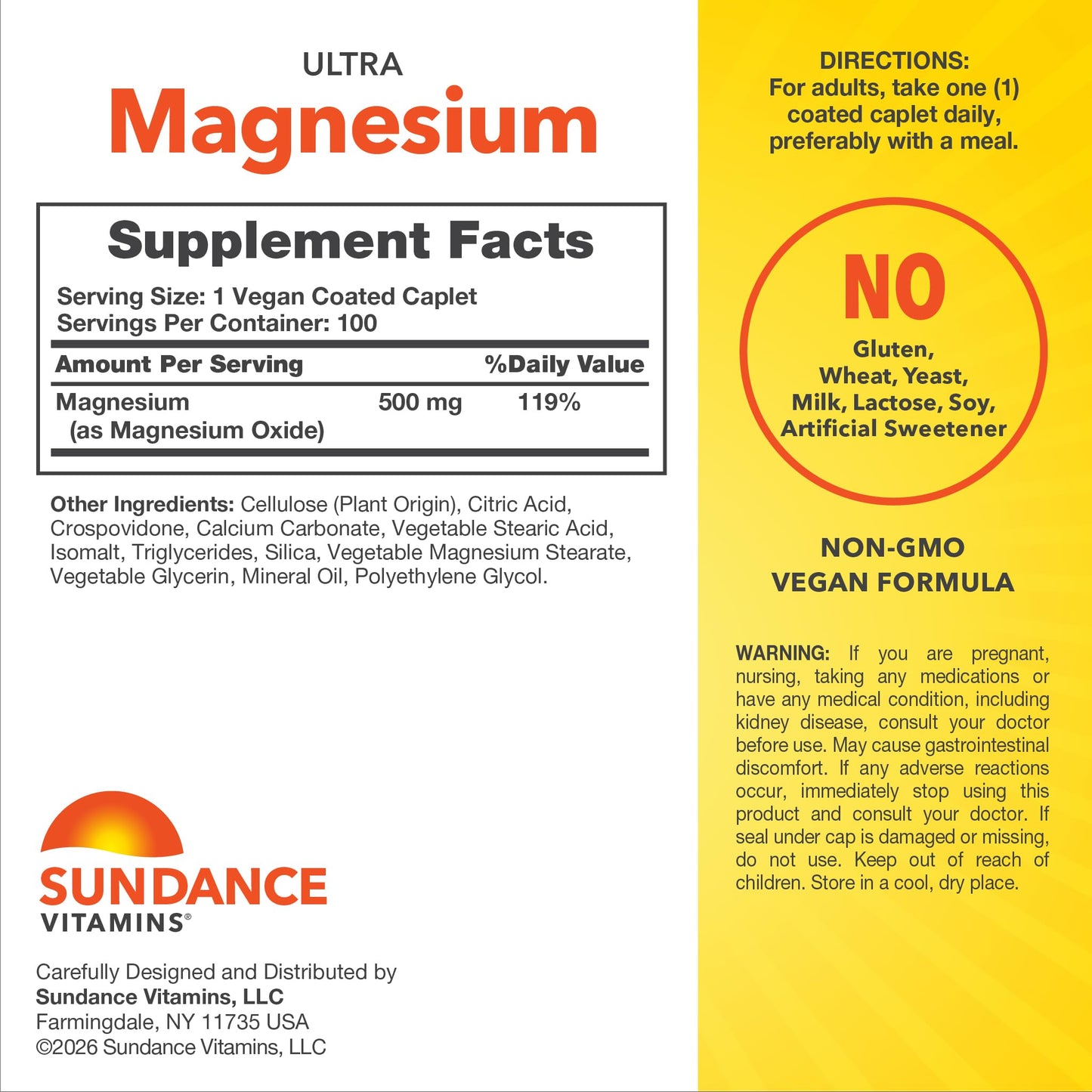 Sundance Magnesium Oxide 500mg Caplets, 100 Count