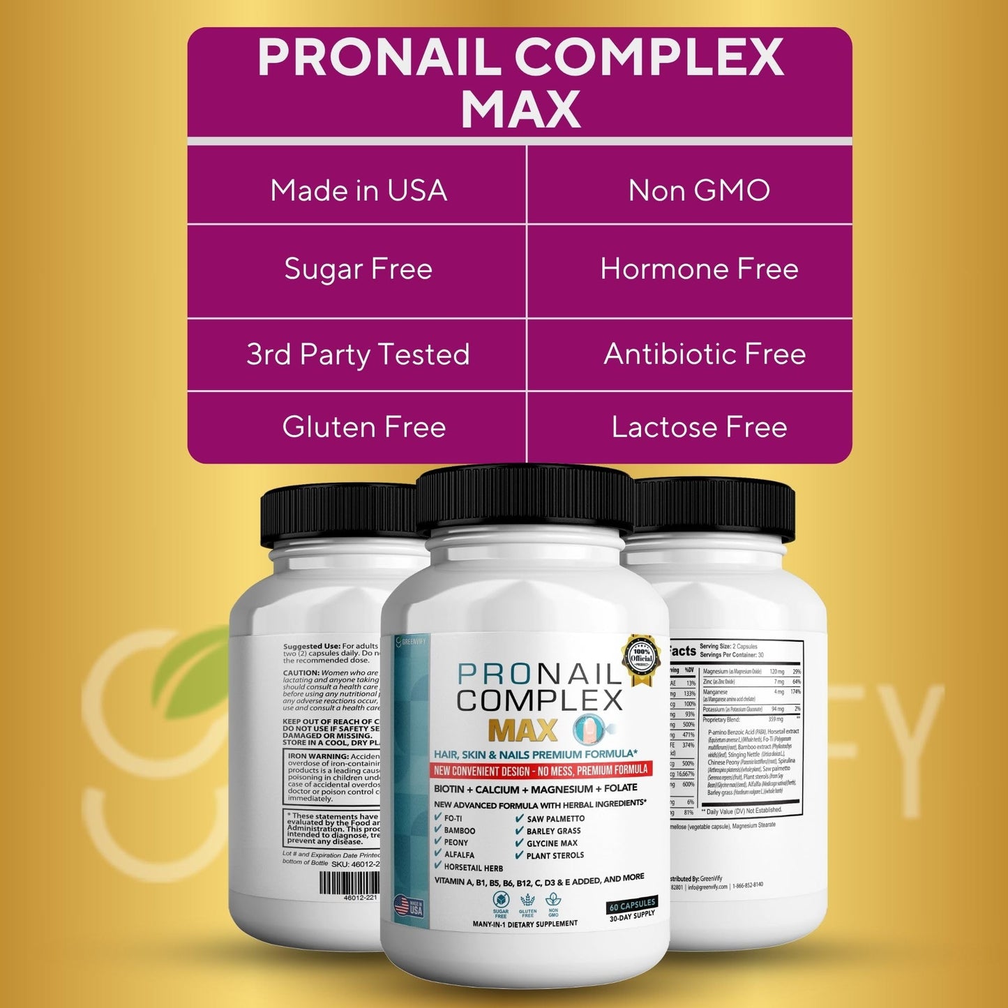 GREENVIFY ProNail Complex Max Hair, Skin & Nails Premium Supplement with Biotin & Herbal Blend, 180 Capsules