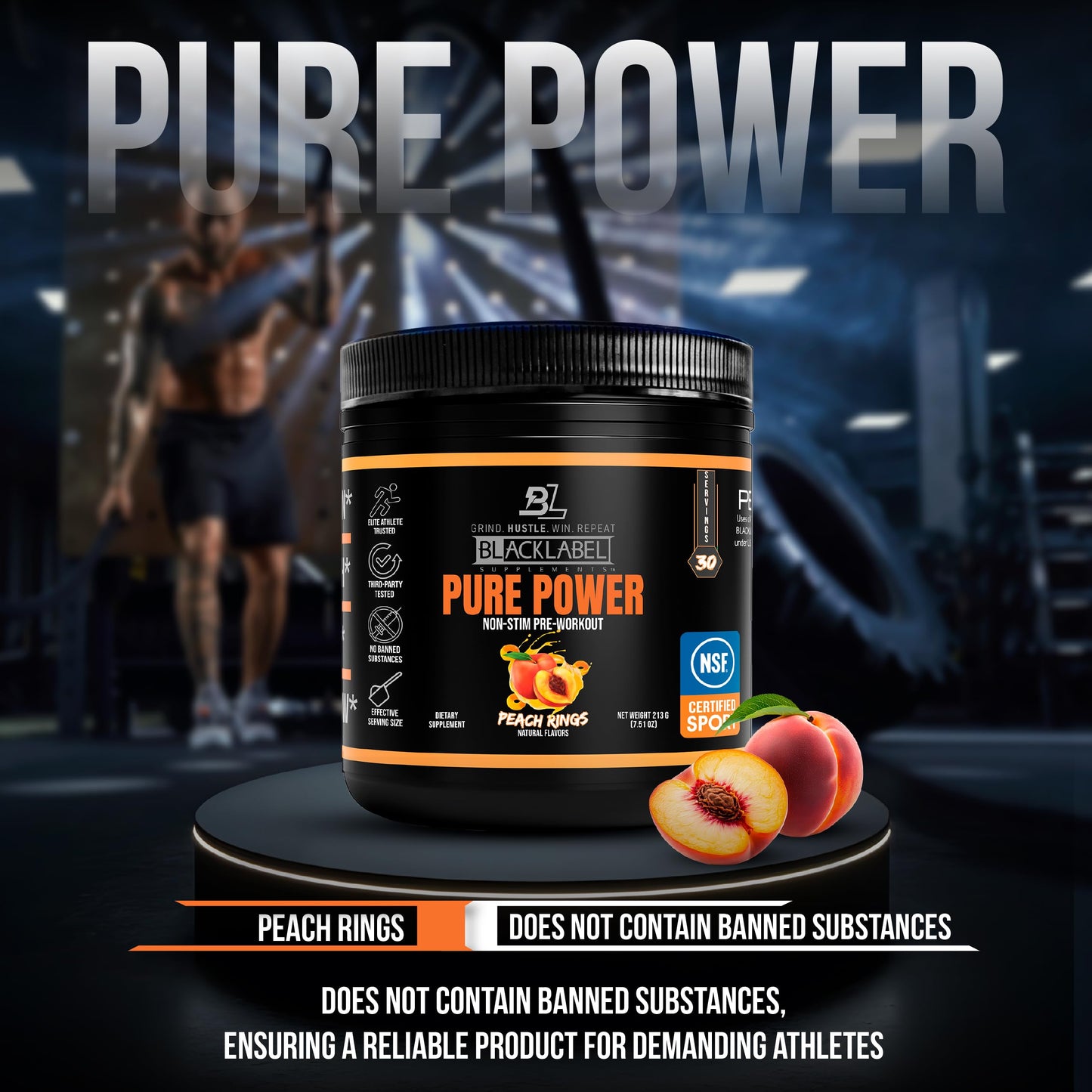 BLACKLABEL Supplements Pure Power NSF Certified for Sport Pre-Workout Powder (Peach Rings) 7.61