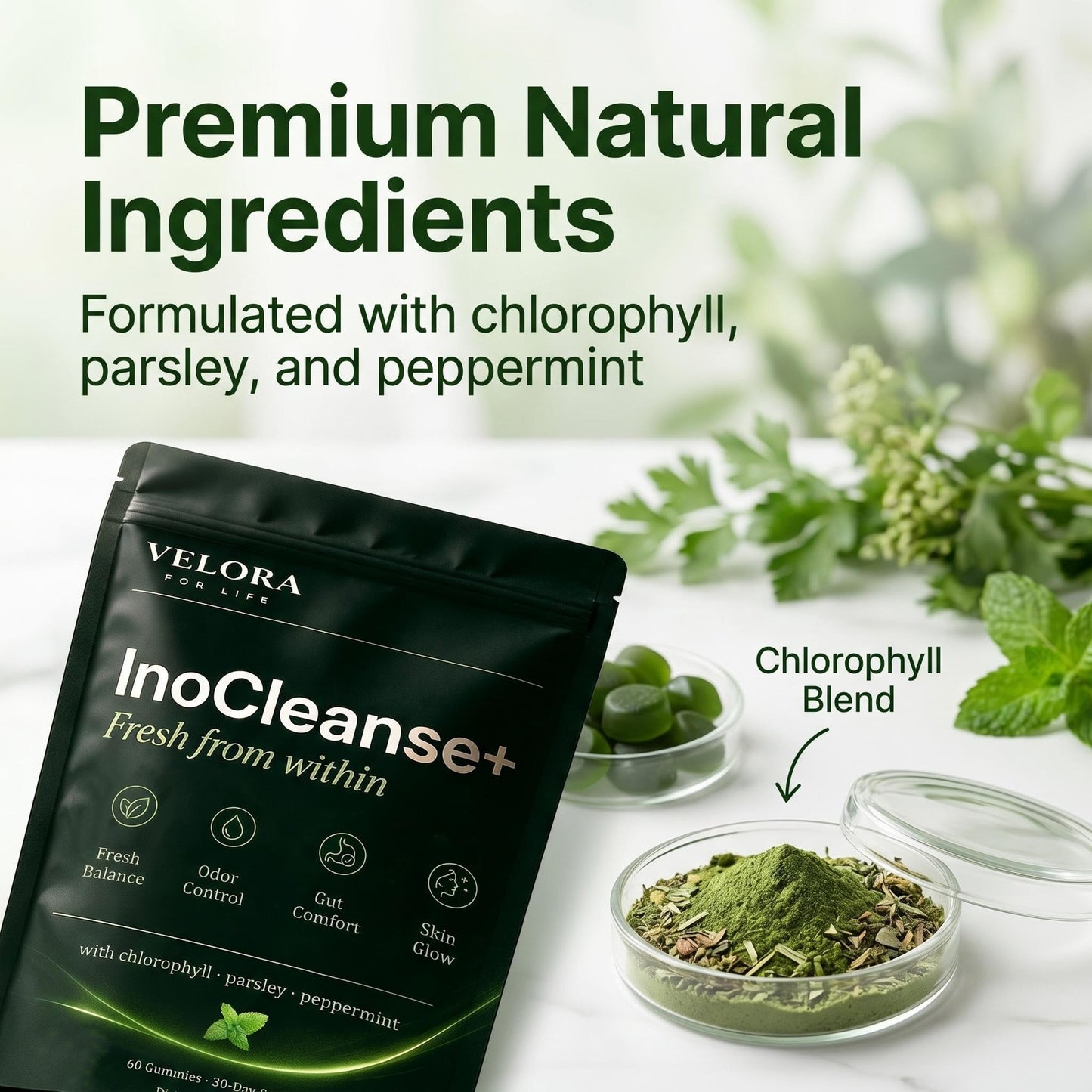 Pillow Daddy Chlorophyll Gummies Inocleanse+ Fresh Breath & Body Deodorizing Supplement with Chlorophyll, Parsley & Peppermint Extracts, 60 Vegan Gummies
