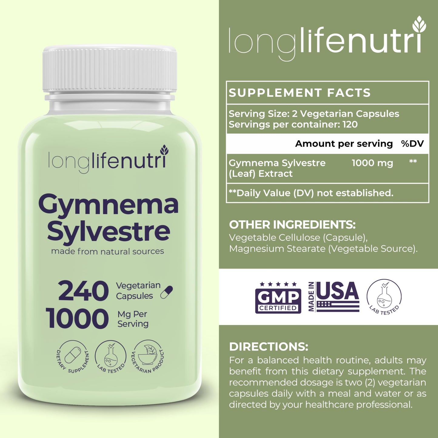 LongLifeNutri Gymnema Sylvestre 1000mg Organic 20:1 Leaf Extract, 240 Capsules
