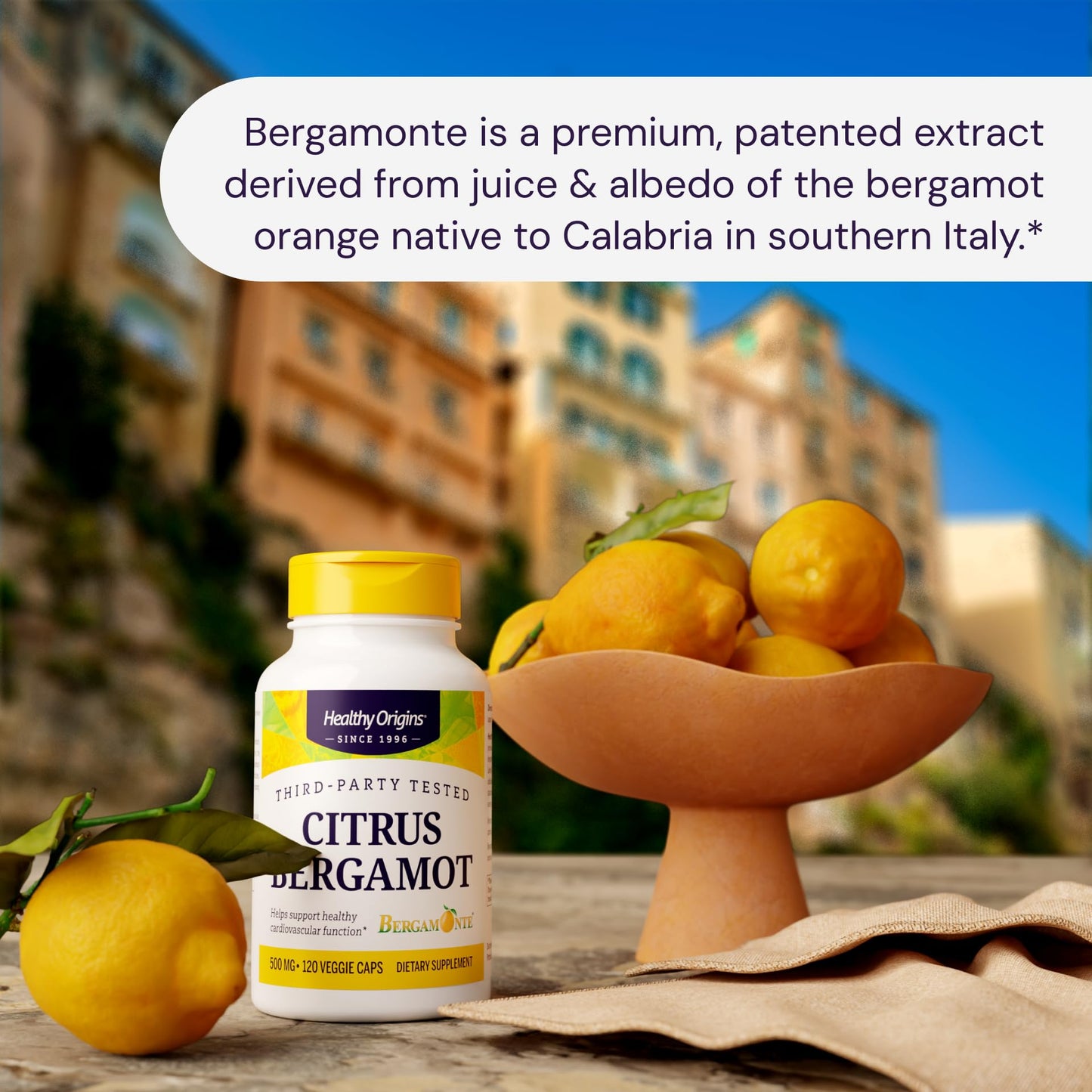 Healthy Origins Citrus Bergamot 500 mg Bergamonte® Patented Extract 38% Polyphenols Cardiovascular & Metabolic Support Third-Party Tested Capsules 120