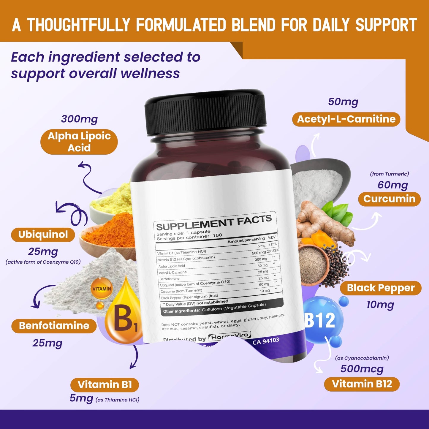 HarmoVira Alpha Lipoic Acid Acetyl-L-Carnitine with Ubiquinol, Curcumin & B Vitamins, Daily Wellness Support, 180 Capsules
