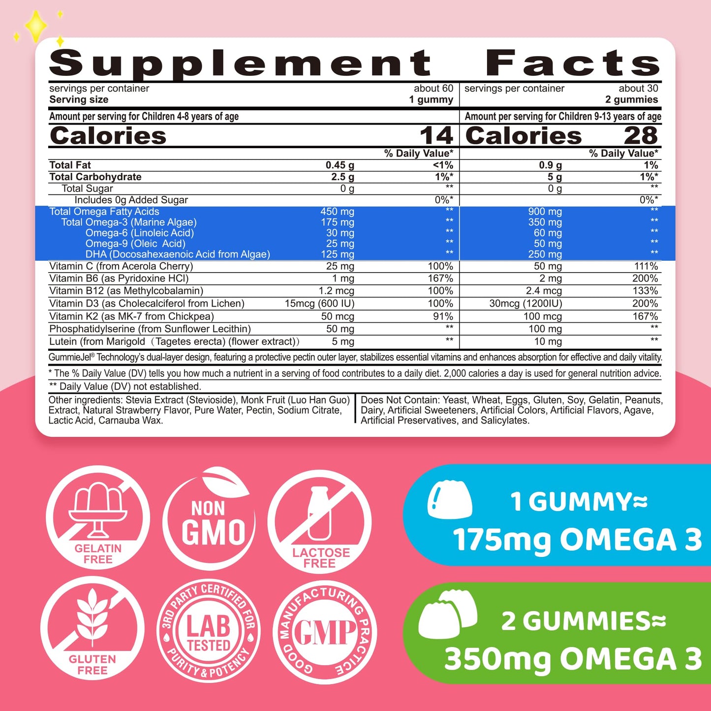 ELLAMENTZ Omega 3 Gummies for Kids & Magnesium Citrate Gummies, 180 Gummies