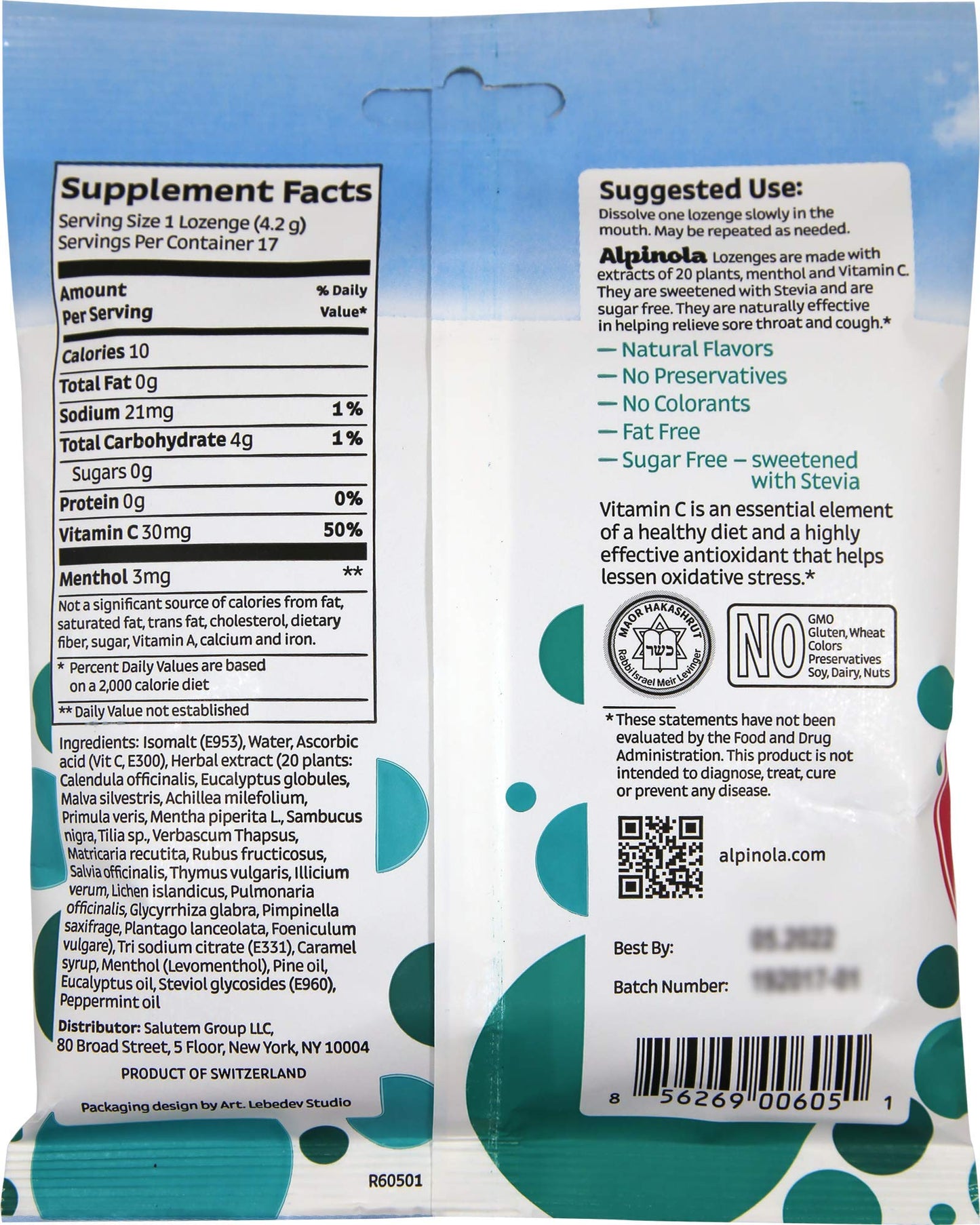 Alpinola Lozenges, Menthol, 20 Herbs and Vitamin C, Sugar Free Stevia, 17 Count