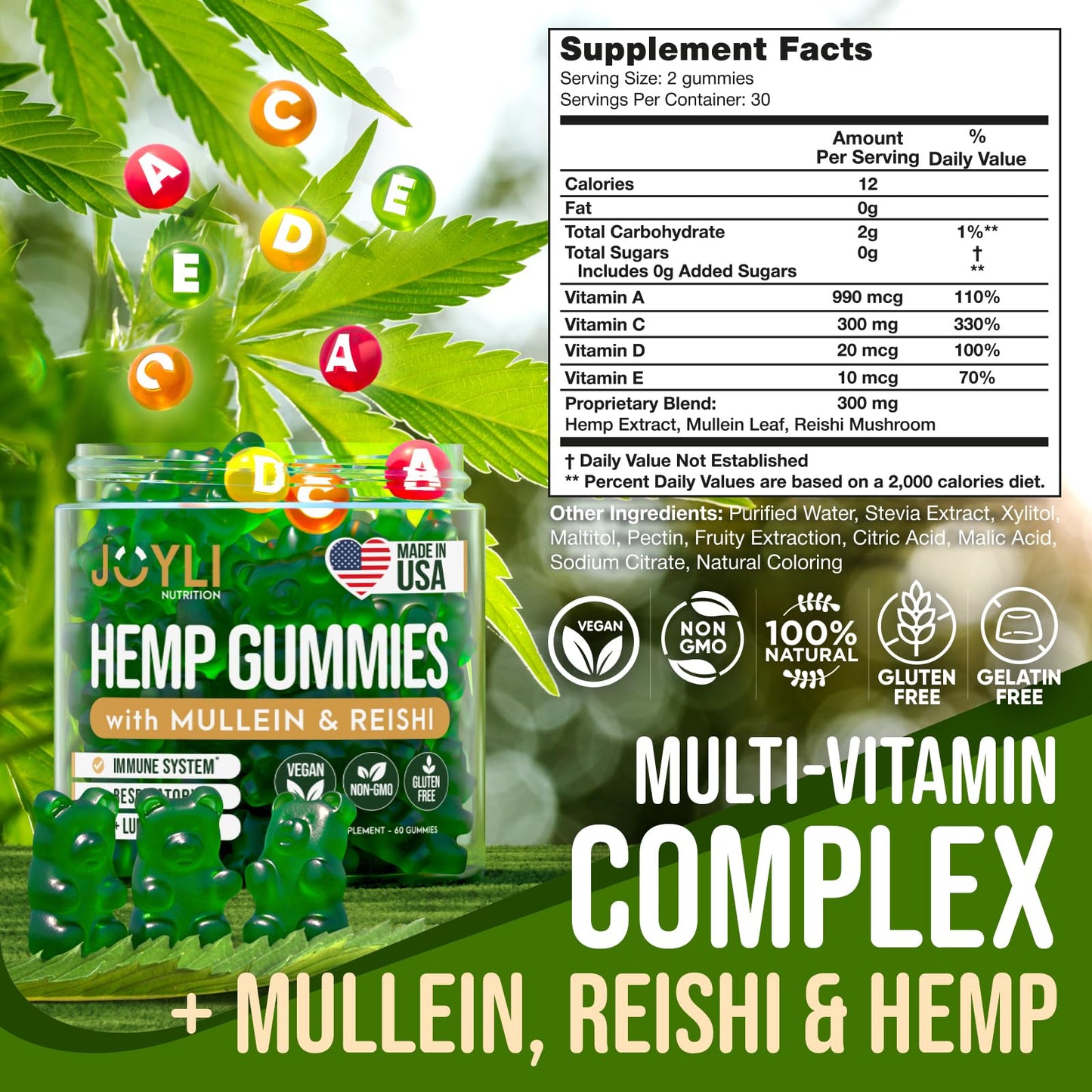 JOYLI Nutrition Hemp Gummies - Natural Lung Cleanse with Mullein Leaf & Reishi Mushroom - Extra Strength Clean Lung Support Supplement with Vitamins A, C, D & E - Sugar-Free, Vegan, Non-GMO, 60 Gummies