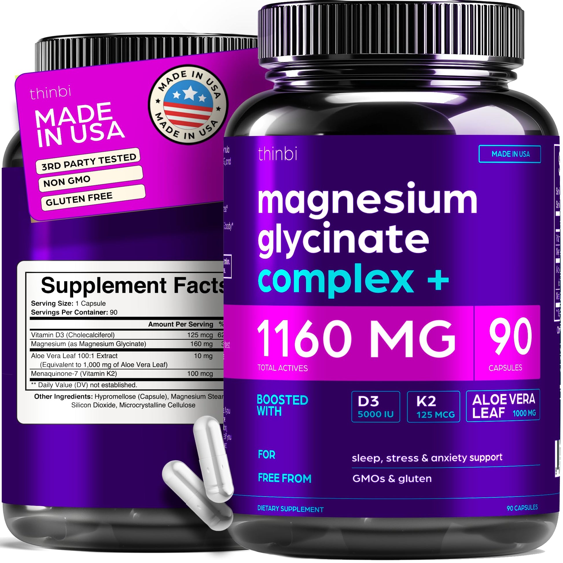 Thinbi Magnesium Glycinate 1160mg + Aloe Vera, D3 & K2 Complex Capsules, 90 Count