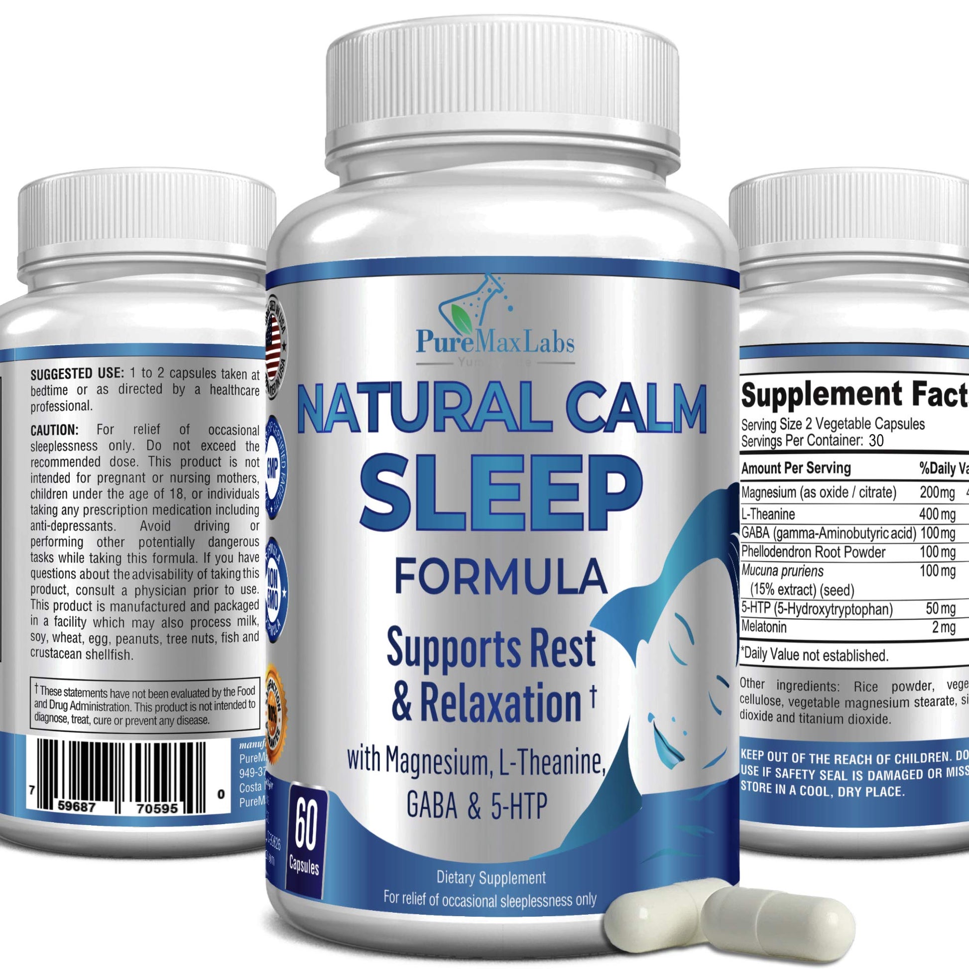 YUMMYVITE Natural Calm Sleep Aid with Magnesium, L-Theanine, Melatonin, GABA, 5-HTP Capsule, 60 Count