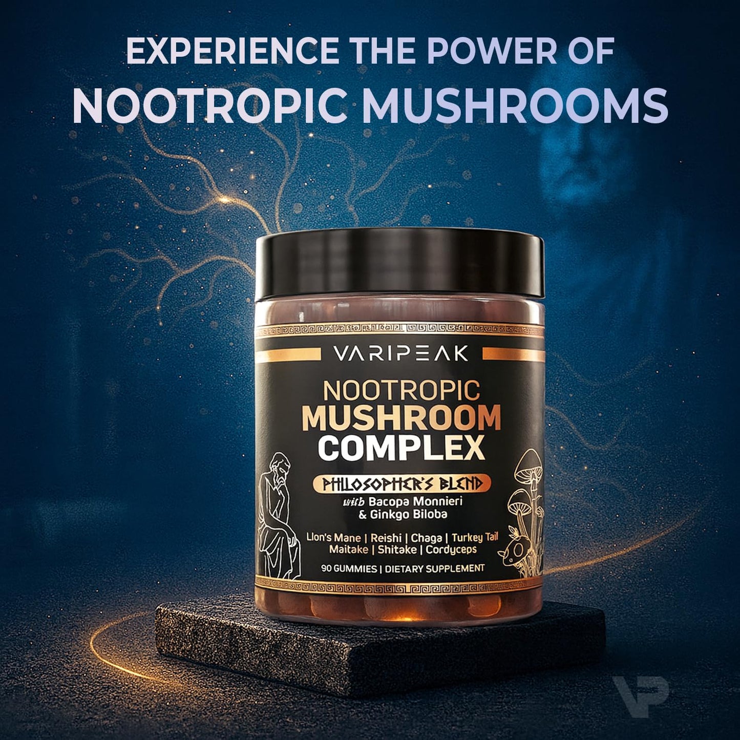 Varipeak 9-In-1 Nootropic Mushroom Gummies with Lion's Mane, Reishi, Chaga, Bacopa Monnieri & Gingko Biloba, 90 Count