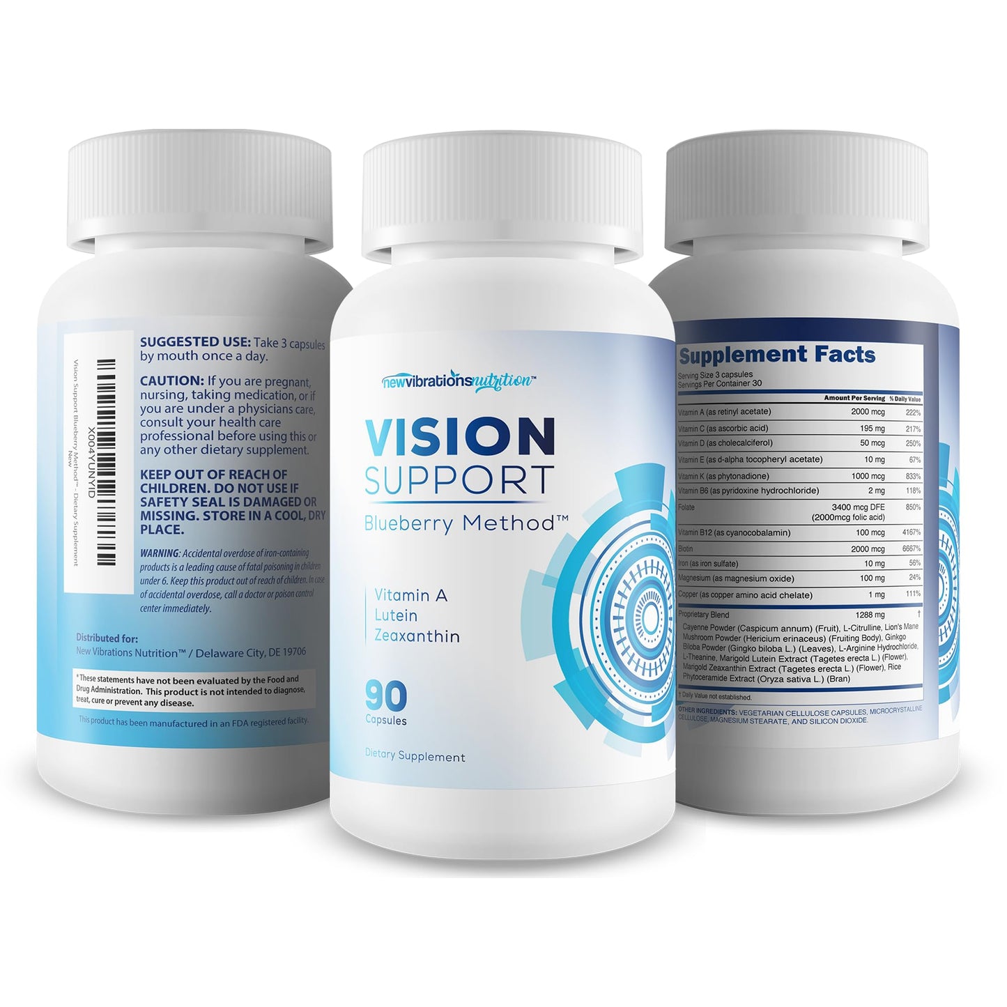 New Vibrations Nutrition Vision Support Lutein Zeaxanthin & Vitamin A Eye Supplement Capsule, 90 Count