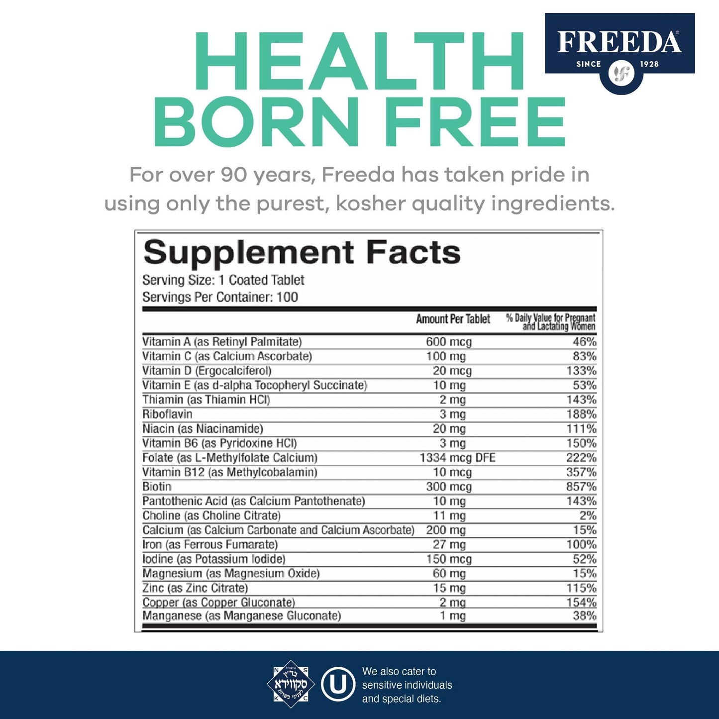 FREEDA Prenatal Vitamin Tablet 100 Count