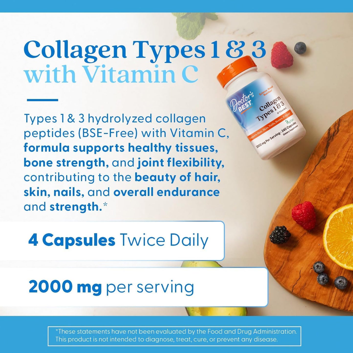 Doctor's Best Collagen Peptides Types 1 & 3 Collagen Supplement for Hair, Skin, Nails & Joint Health, 240 Capsules