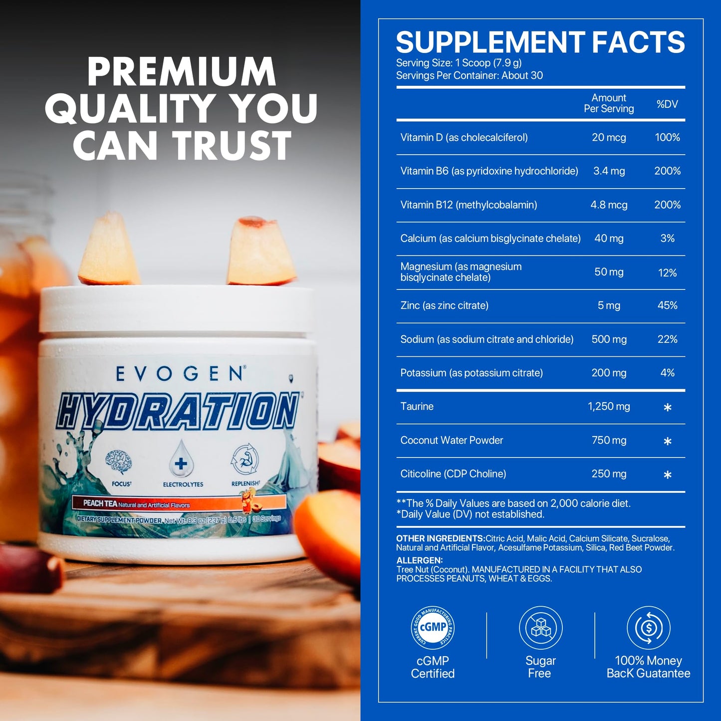 Evogen Hydration Sugar-Free Electrolytes Powder Peach Tea 8.3