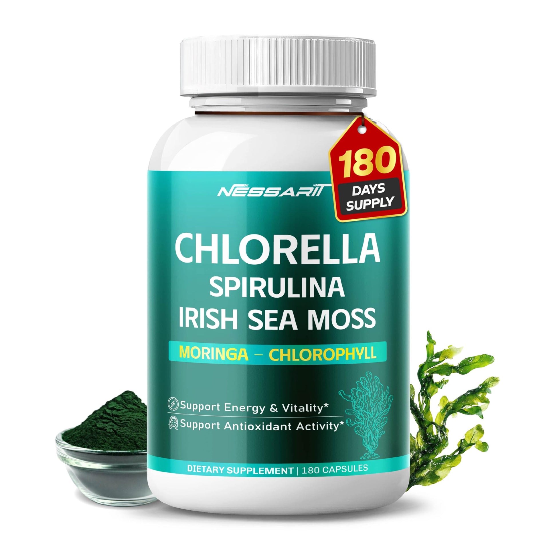 NESSARIT Chlorella, Spirulina, Irish Sea Moss, Moringa & Chlorophyll Capsules, 180