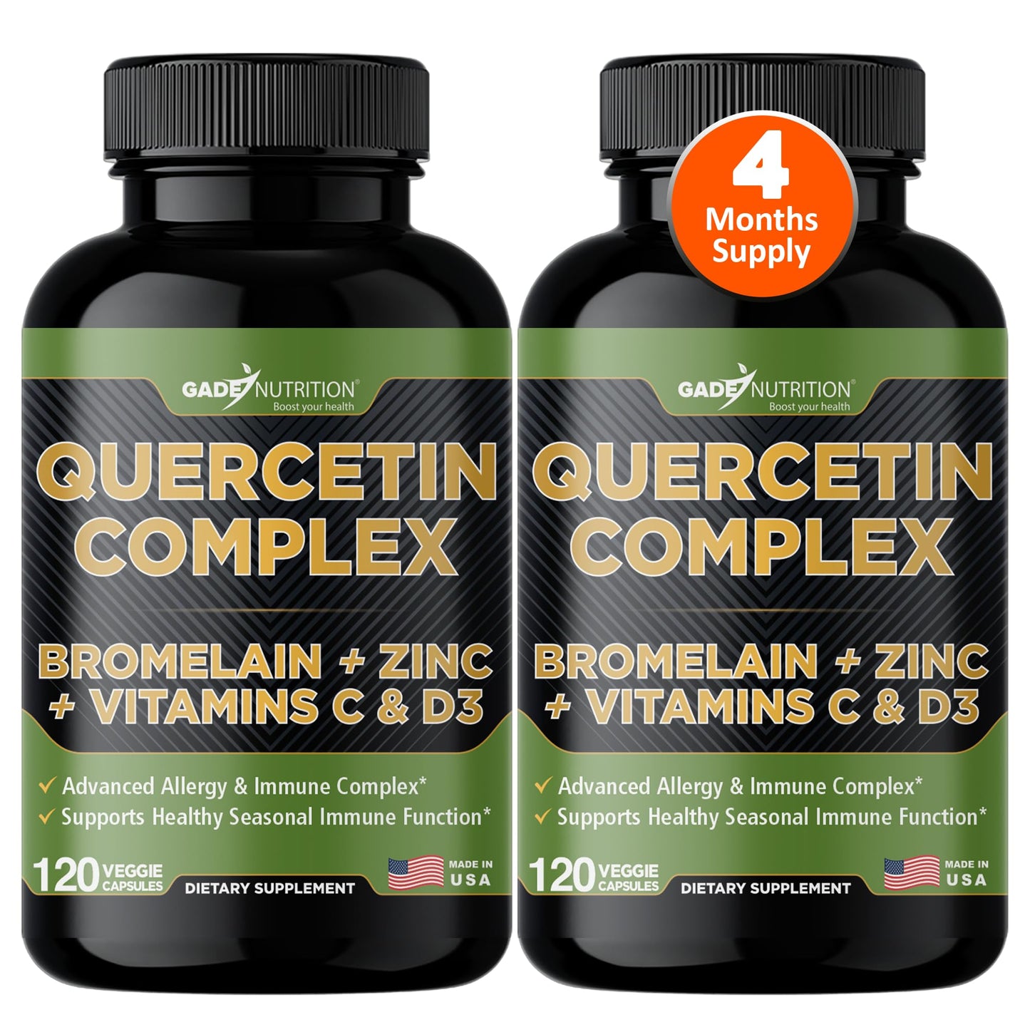 GADE NUTRITION BOOST YOUR HEALTH Organic Quercetin with Bromelain Vitamin C and Zinc Quercetin 500mg, 120 Capsules