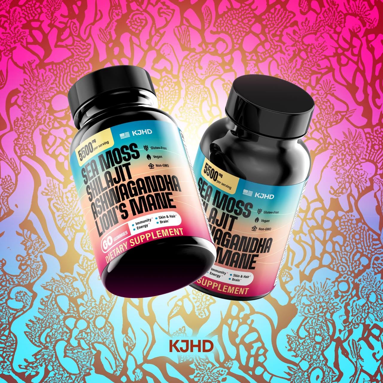 KJHD Shilajit Ashwagandha Gummies with Sea Moss, Beet Root, Lion’s Mane Mushroom & Black Seed Oil – Organic Herbal Superfood Supplement – 120 Vegan Gummies