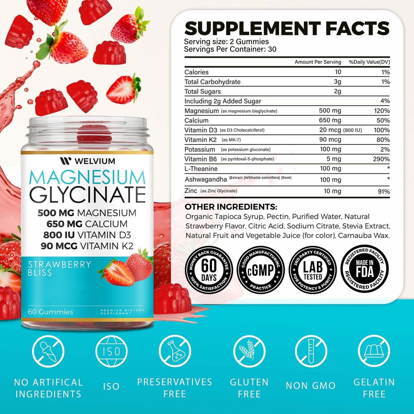 WELVIUM Magnesium Glycinate Gummies with Ashwagandha, L-Theanine, 500mg Magnesium Glycinate, 60 Gummies