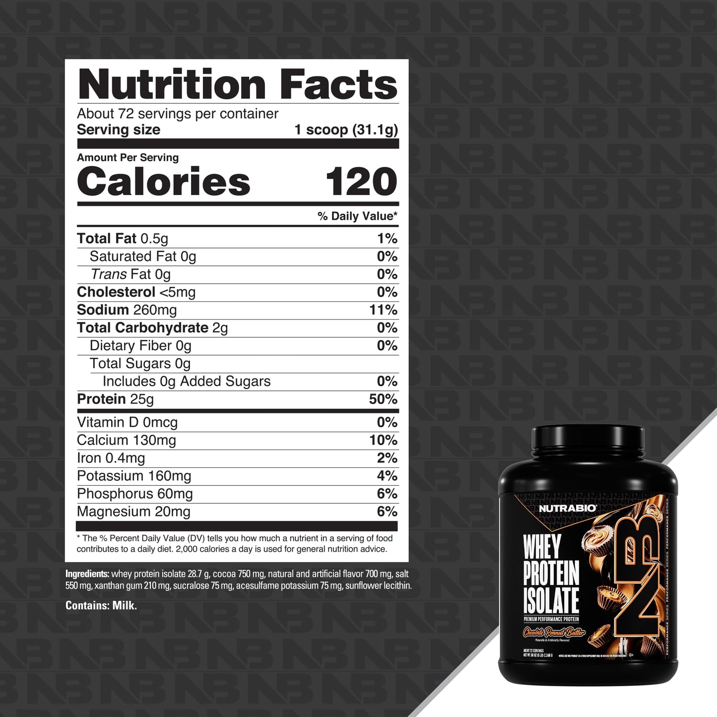 NutraBio 100% Whey Protein Isolate Protein Powder, Chocolate Peanut Butter, 5 Lbs, 80 Servings