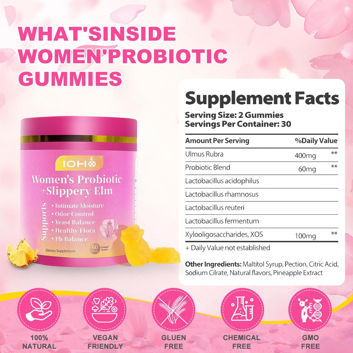 ZREVSB Her Juicy Feminine Probiotics Gummies for Women Tropical Pineapple Flavor, 60 Gummies