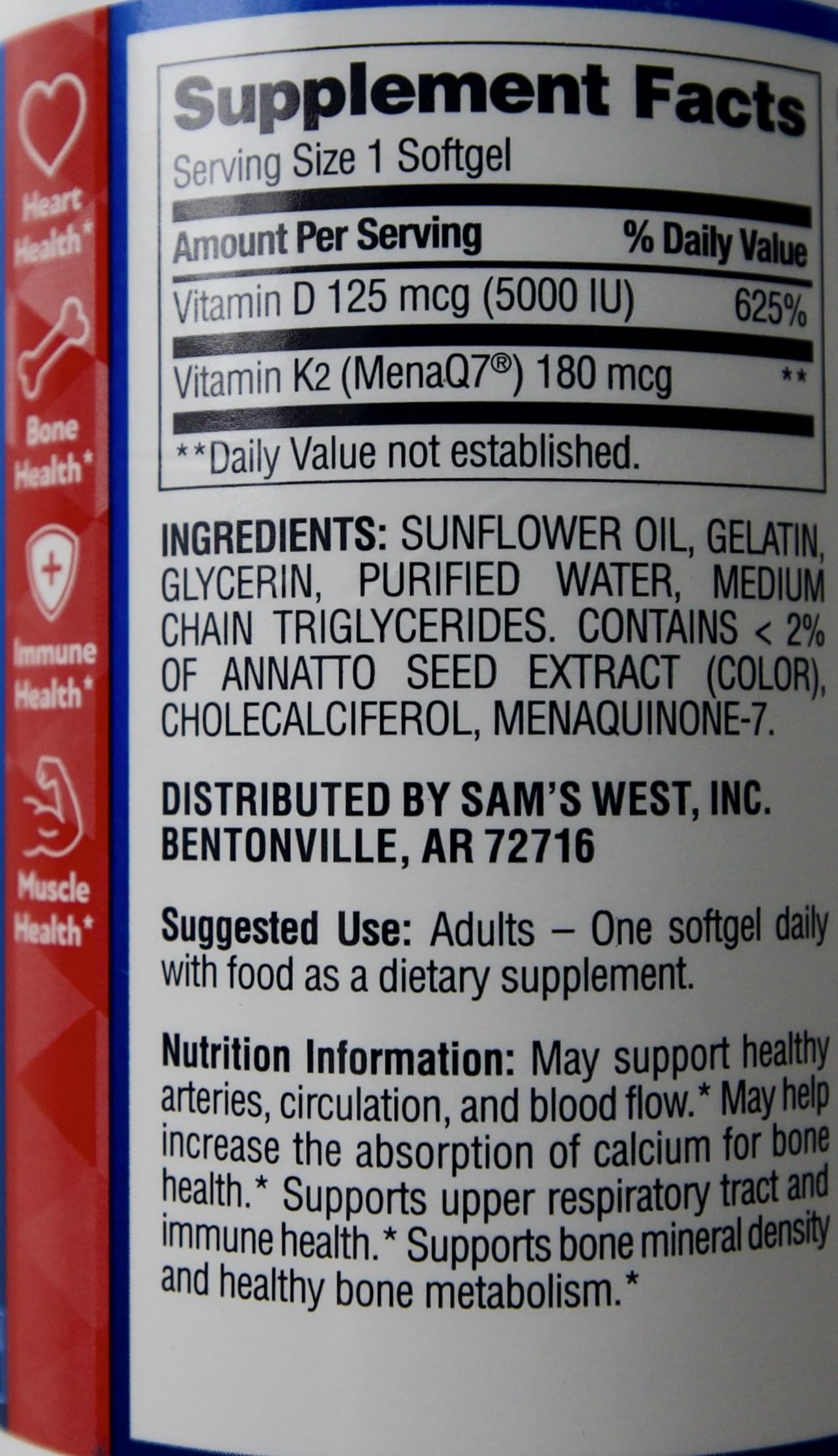 Member's Mark Vitamin K2 180 mcg + D3 125 mcg Softgels, 150 Count