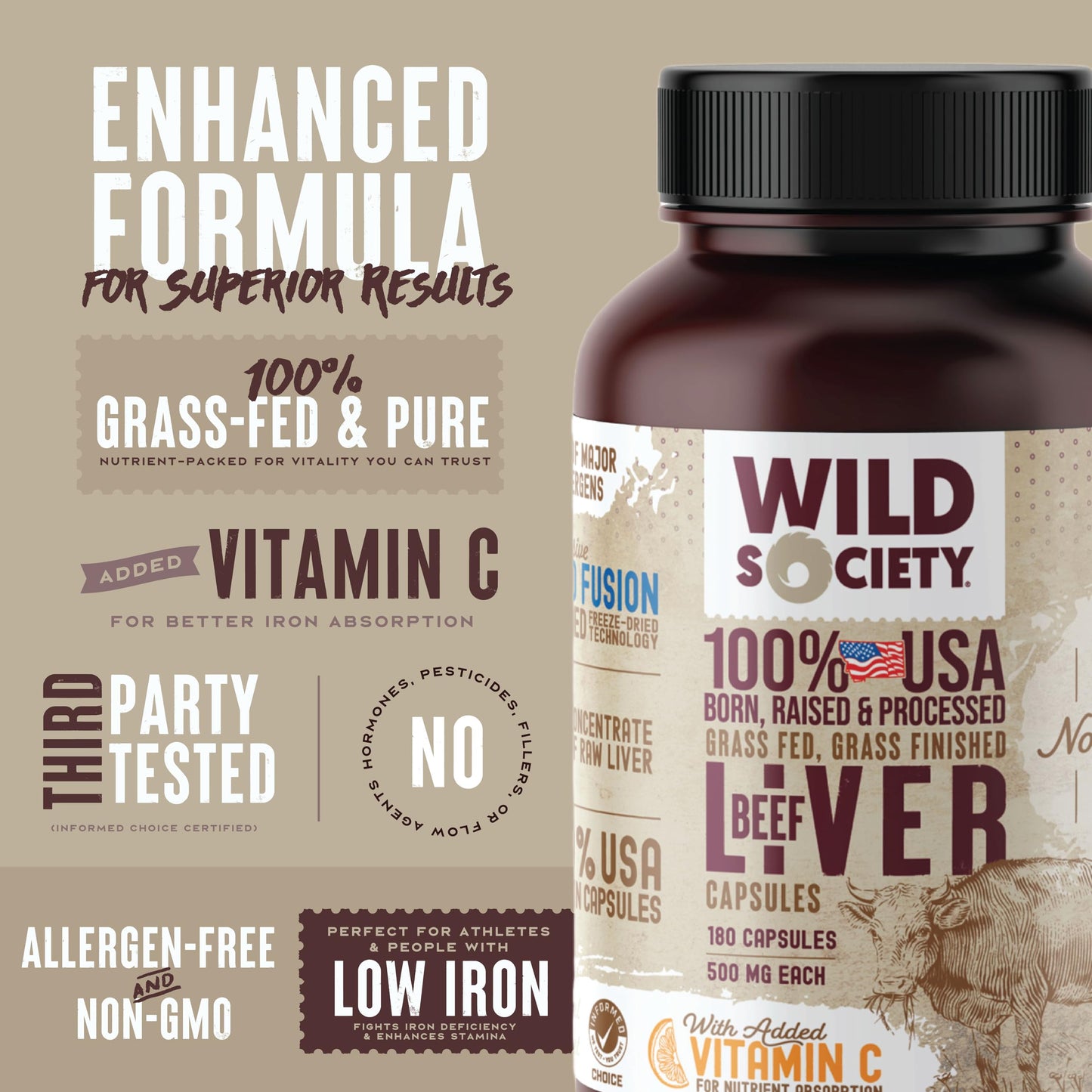 WILD SOCIETY USA Grass Fed Beef Liver Capsules, 180 Count
