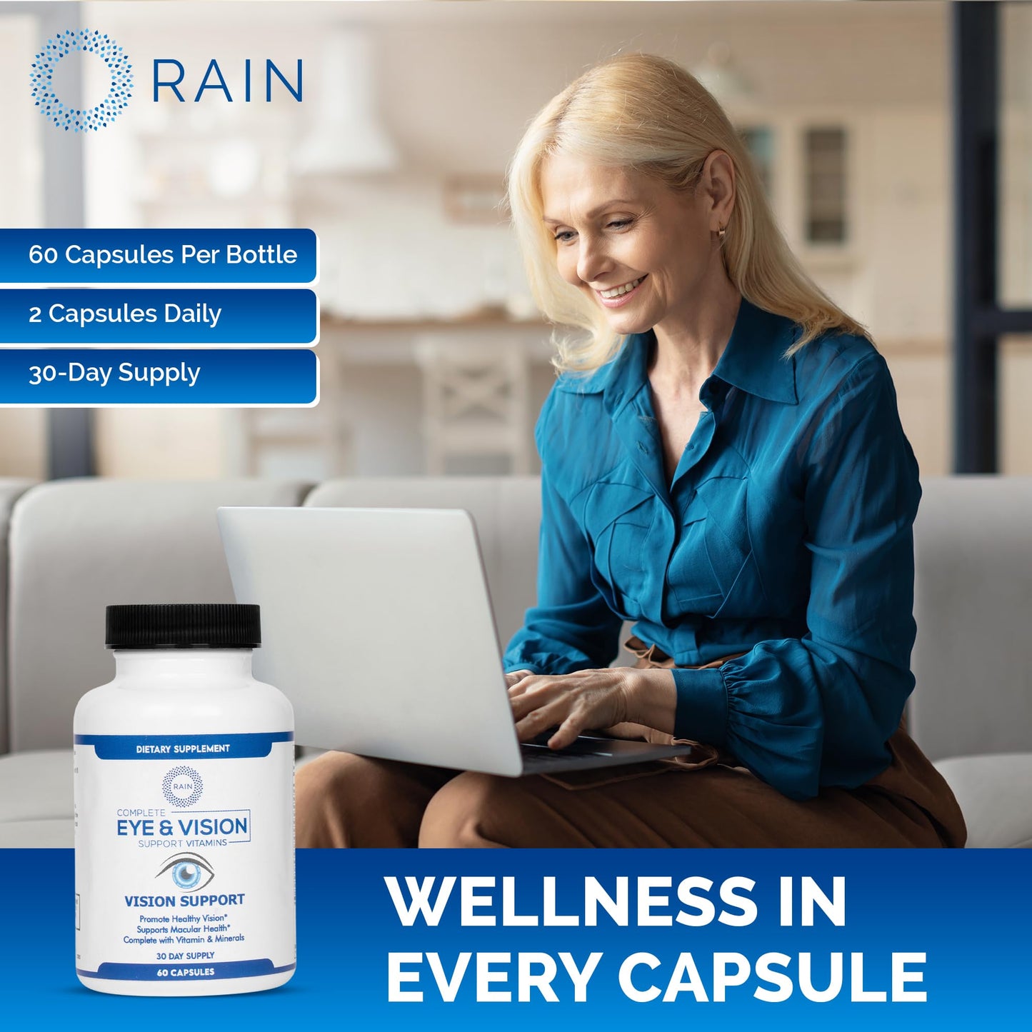Rain Eye Vitamins & Vision Supplements for Adults – Eye Comfort and Vision Support – Lutein and Zeaxanthin Eye Supplements for Macular Health, 60 Capsules