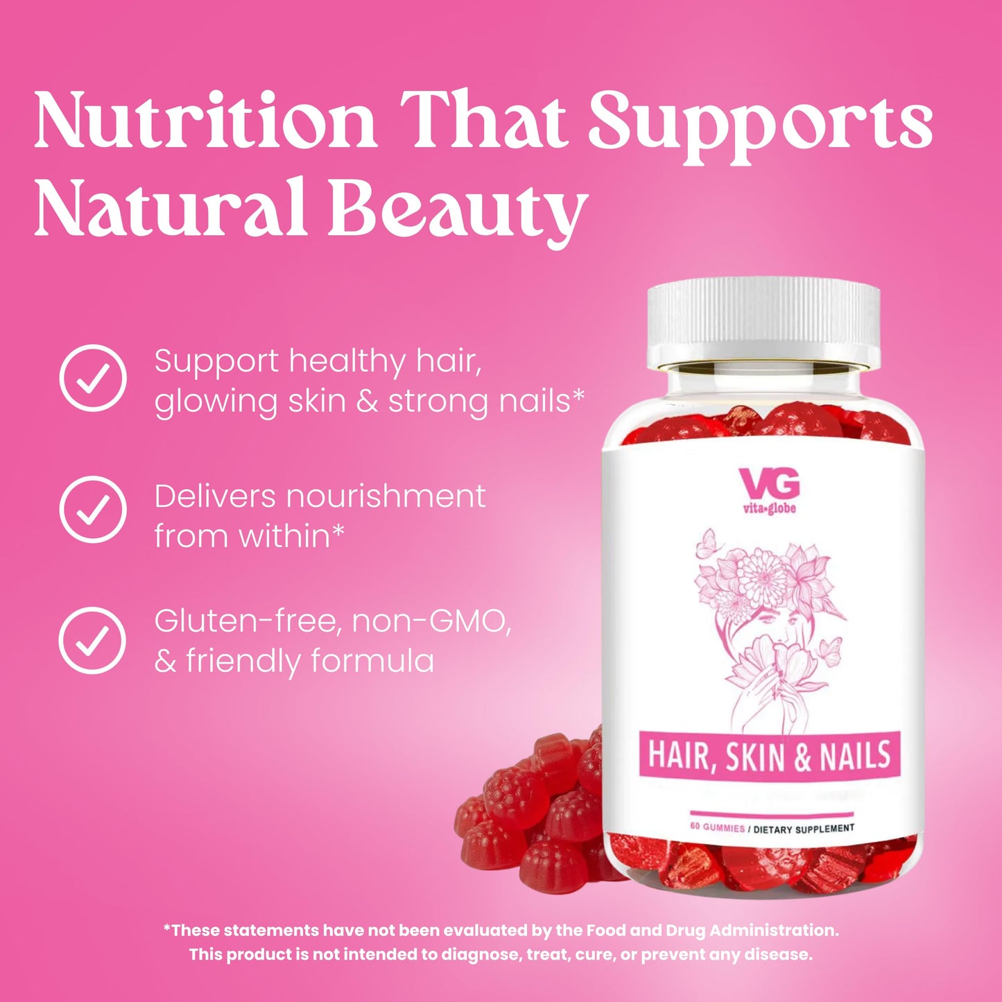 VITA GLOBE Hair, Skin & Nails + Collagen Gummies – 20mg with Vitamins A, C, D, E, B6 & Biotin, Beauty & Wellness Supplement for Healthy Hair Growth, Radiant Skin & Strong Nails, 60 Count