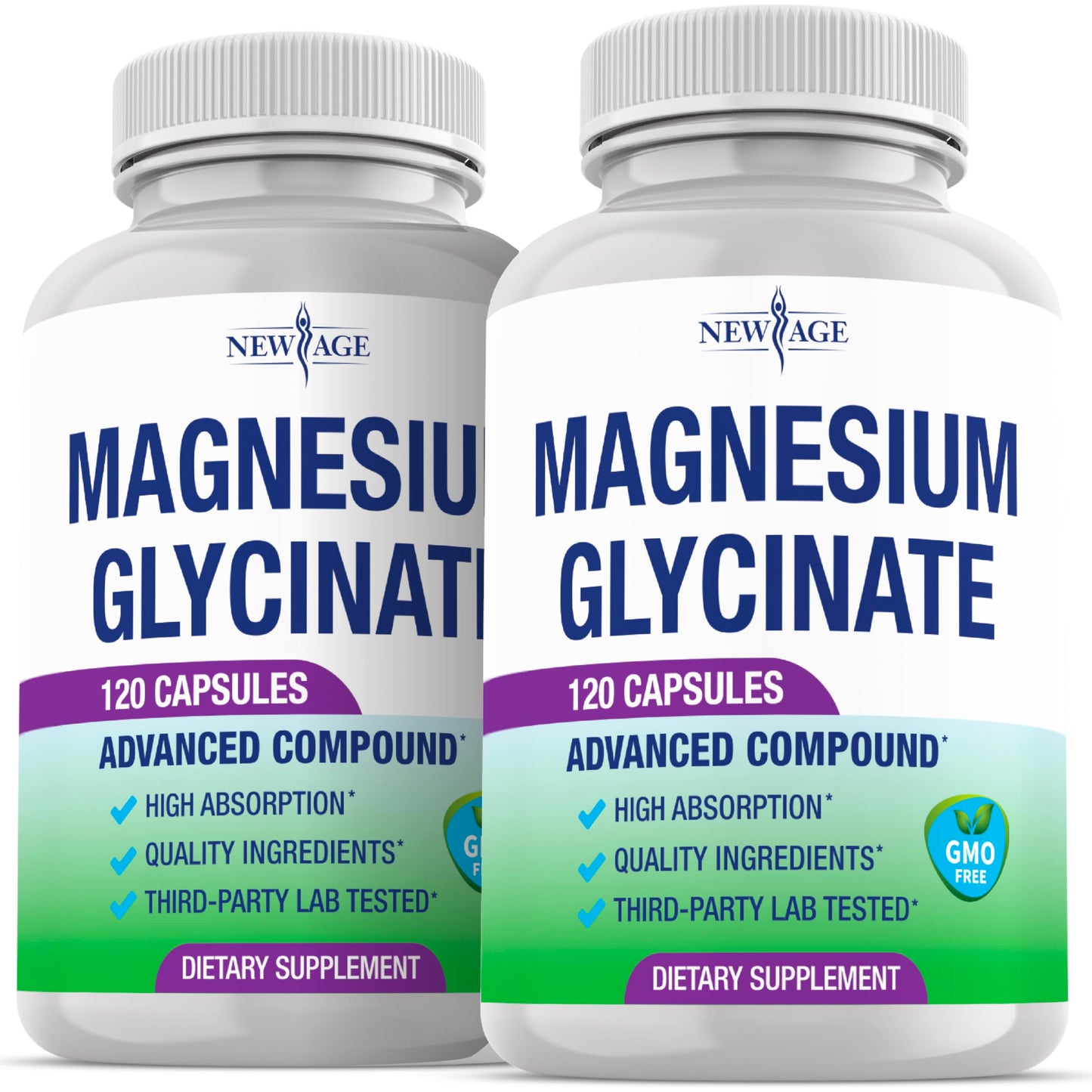 NEW AGE Magnesium Glycinate 500mg, 90mg Elemental Magnesium, High Absorption, Non Buffered, Non-GMO & No Gluten, Muscle & Bone Health, 240 Vegan Capsules