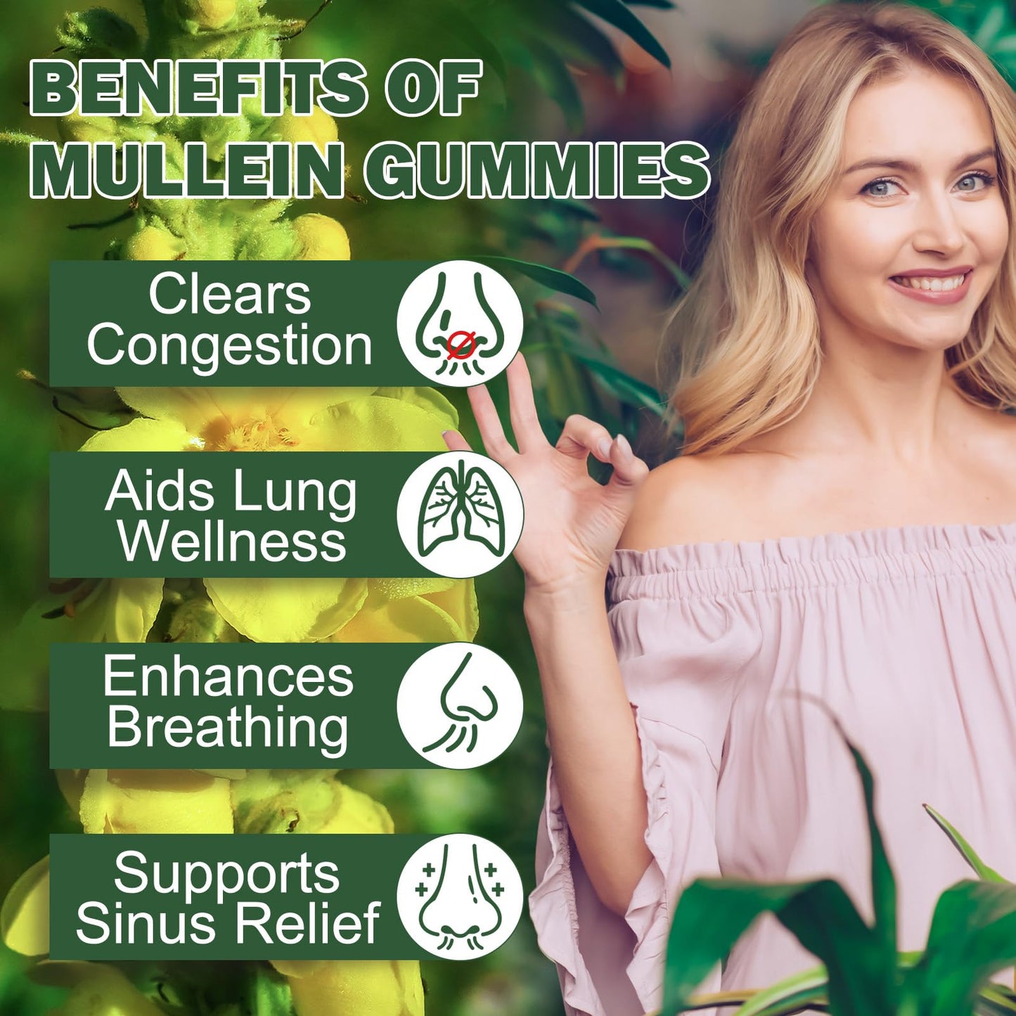 Ruduwu Mullein Gummies for Lung Detox, 2000mg Mullein Leaf Extract for Respiratory & Digestive & Immune Support with Quercetin, Bromelain, Elderberry & Marshmallow, Vegan, 60 Gummies