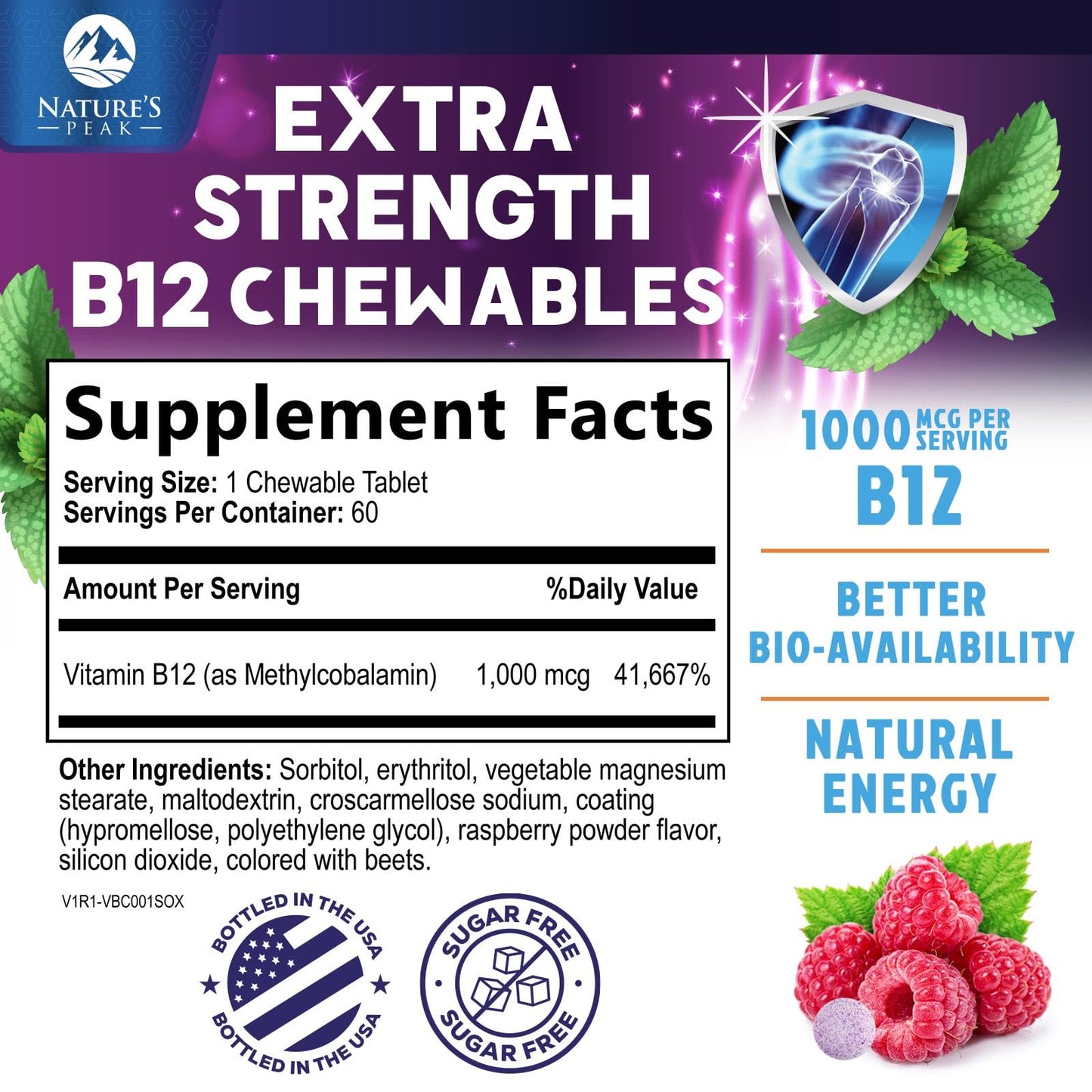 Nature's Peak Vitamin B12 Complex (Methylcobalamin) 1000 mcg - 3X Strength B12, Tablet, 60 Count