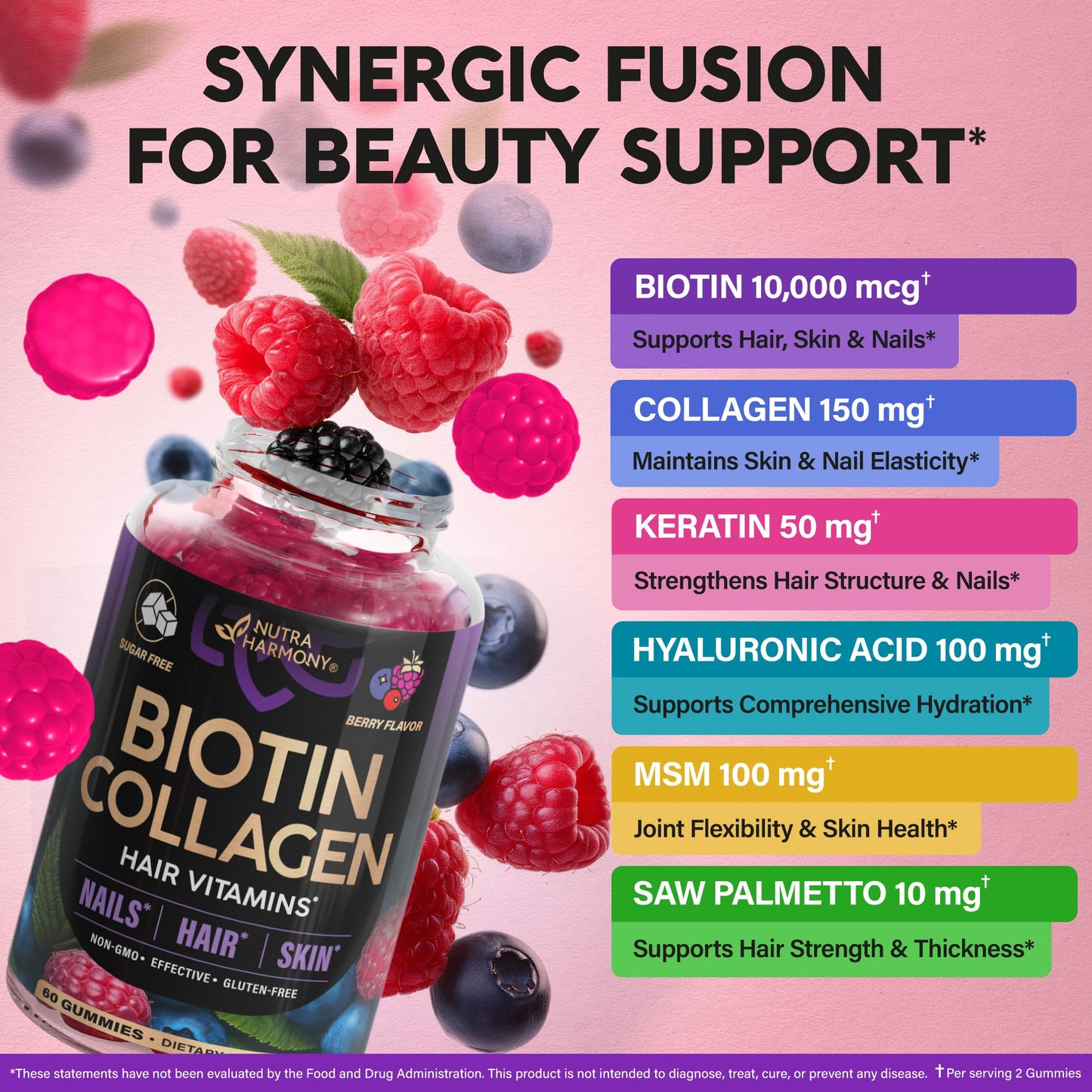 NUTRAHARMONY Biotin Gummies with Collagen for Hair, Skin & Nails - 10000mcg Biotin, Sugar-Free, Mixed Berry, 120 Gummies