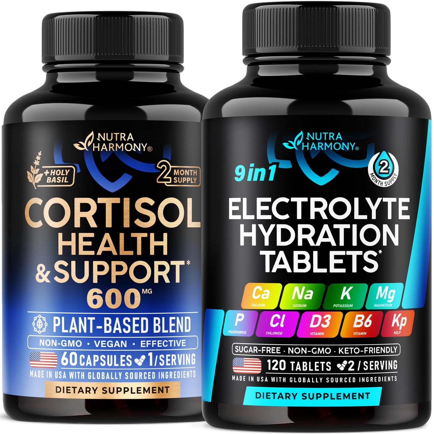 NUTRAHARMONY Cortisol Support Capsules & Electrolyte Tablets with Magnesium, 180 Count