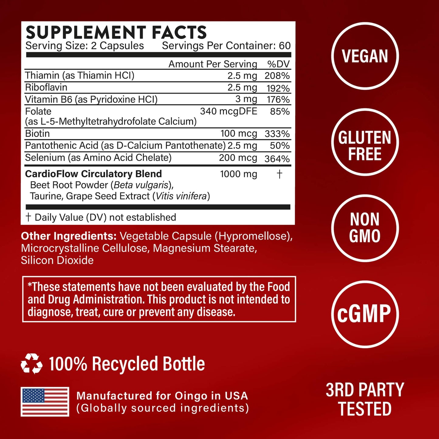 Oingo Cardio Care + Heart Health Formula Nitric Oxide Booster with Beet Root Powder, Grape Seed Extract, Taurine, B Vitamins for Blood Flow & Blood Pressure Support, Gluten Free, 120 Capsules