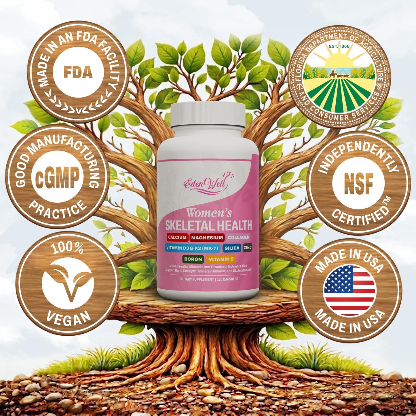 EDENWELL Women’s Skeletal Health Supplement with Calcium, Magnesium, Vitamin D3 & K2 (MK-7), Collagen, Silica, Zinc, Boron & Vitamin C – Bone Strength & Density Support, 60 Capsules