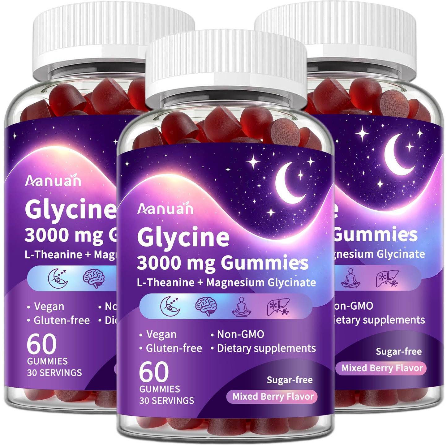 Aanuan Glycine Gummies 3g with L-theanine & Magnesium Glycinate, Mixed Berry Flavor, Sugar Free, Vegan, Non-GMO, 180 Gummies