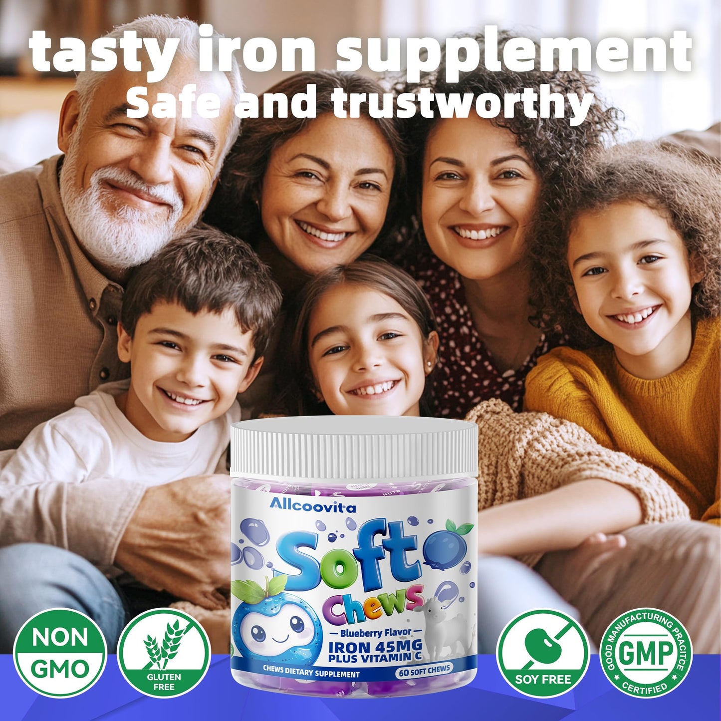 Allcoovita Iron Soft Chews Supplement with Vitamin C 60 Count