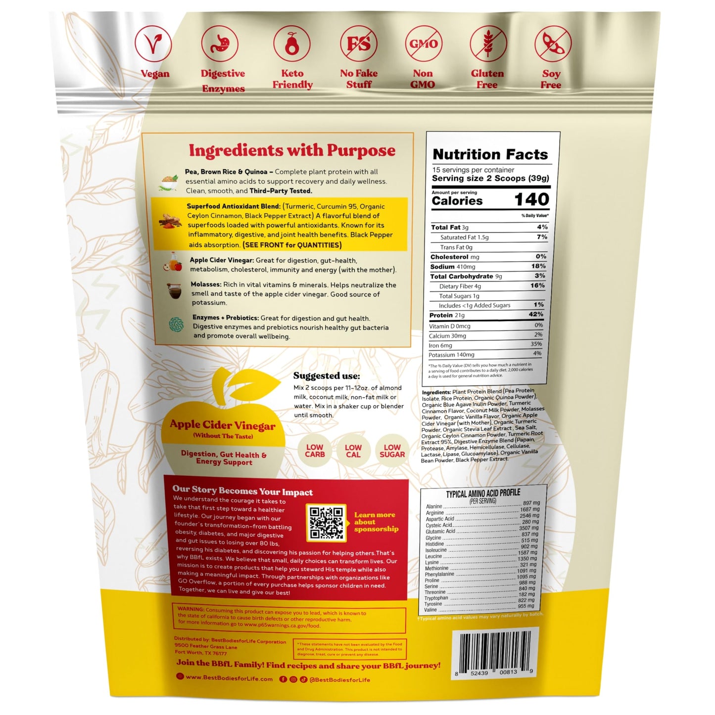 BBfL Plant-Based Protein Shake Powder 14.7 oz – 21g Vegan Protein, Turmeric + Curcumin 95 + Ceylon Cinnamon, Prebiotics, Digestive Enzymes, All-in-One Shake, Supports Inflammatory Response, 15 Servings