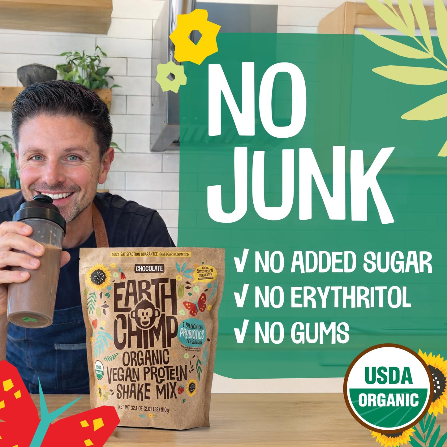 EarthChimp Organic Vegan Protein Powder with Probiotics, Plant Based, Non-GMO, Dairy Free, Gluten Free, 32 oz