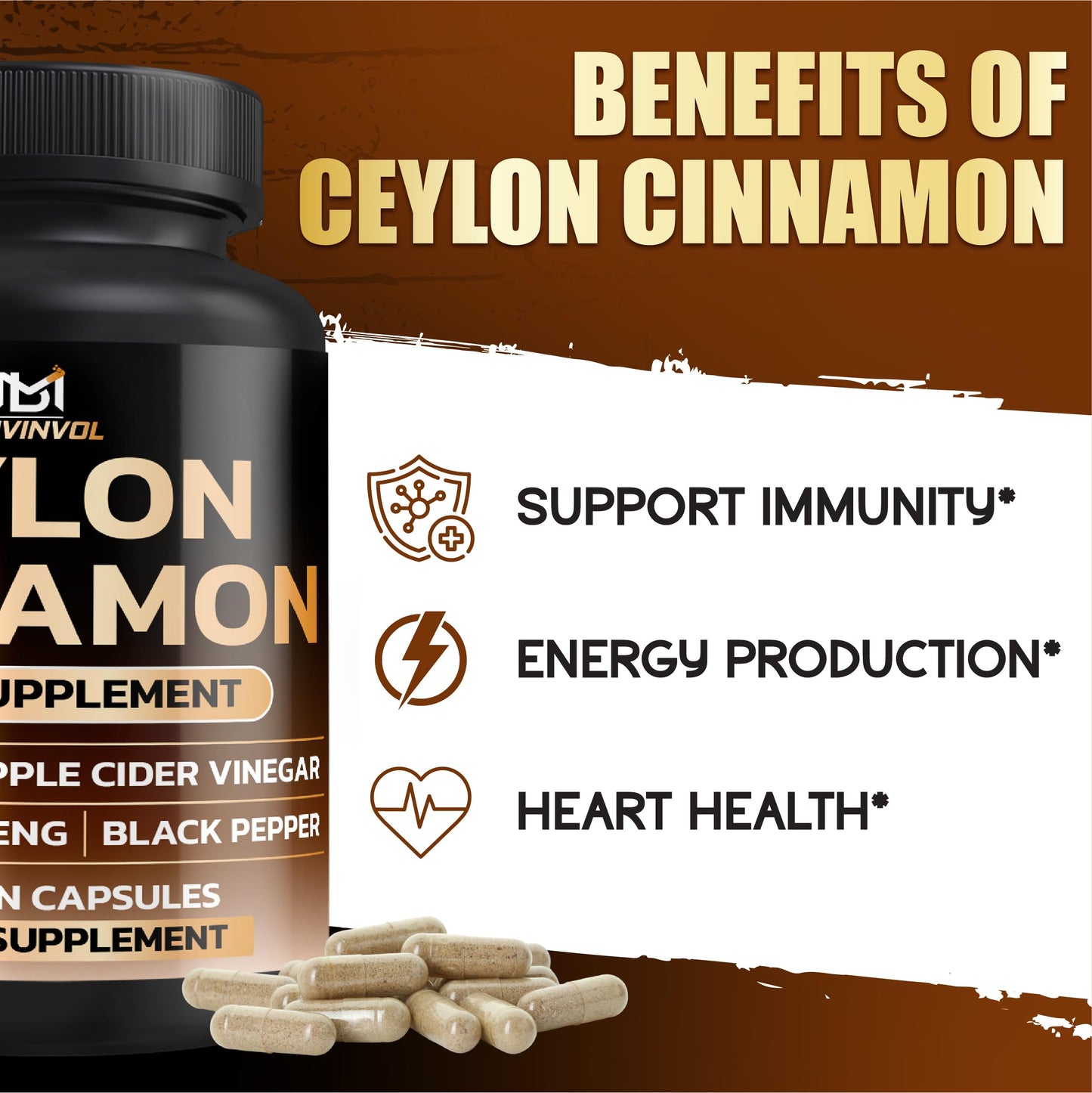 BMVINVOL Ceylon Cinnamon Capsules with Berberine HCl Supplement - Panax Ginseng, Apple Cider Vinegar, Turmeric Curcumin, 60 Capsules