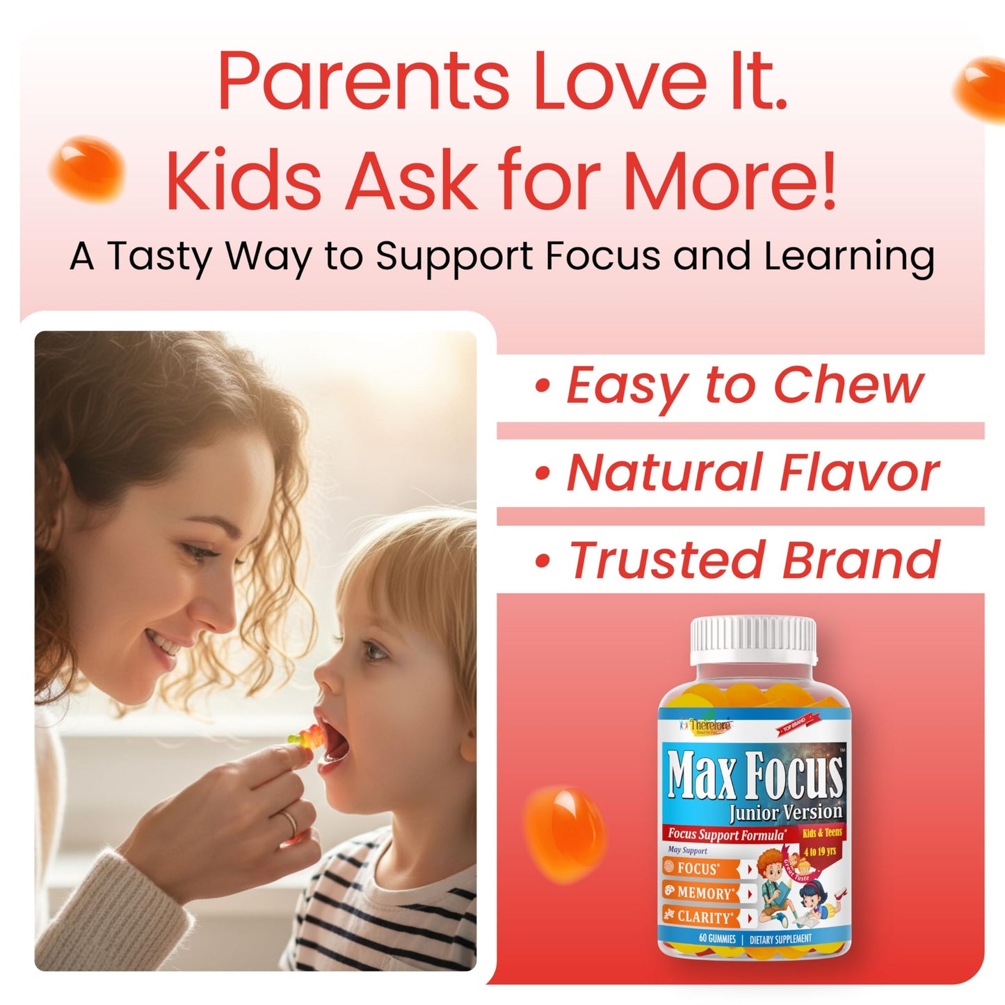 Therefore Max Focus Gummies for Kids & Teens, Omega-3 DHA Brain Support - 60 Gummies