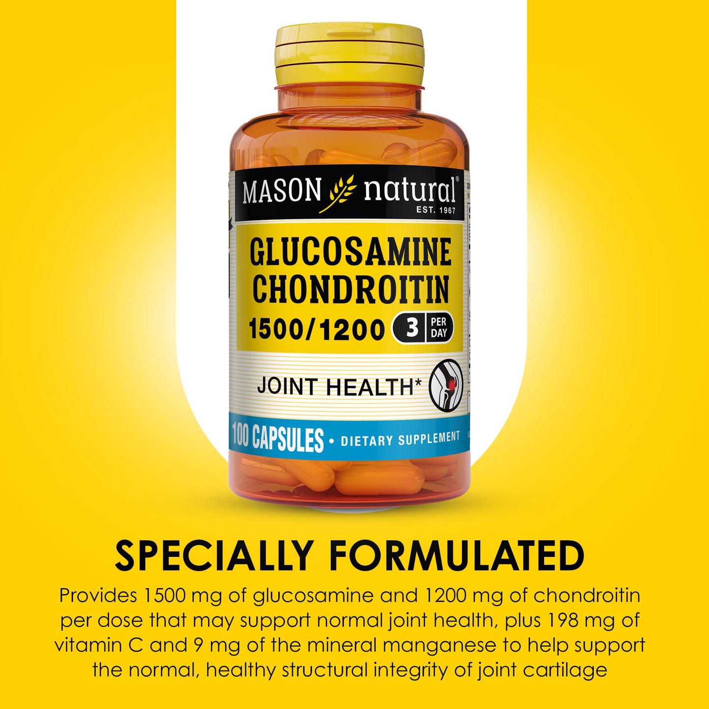 Mason Natural Glucosamine Chondroitin 1500/1200 & Vitamin C Capsules, 100 Count