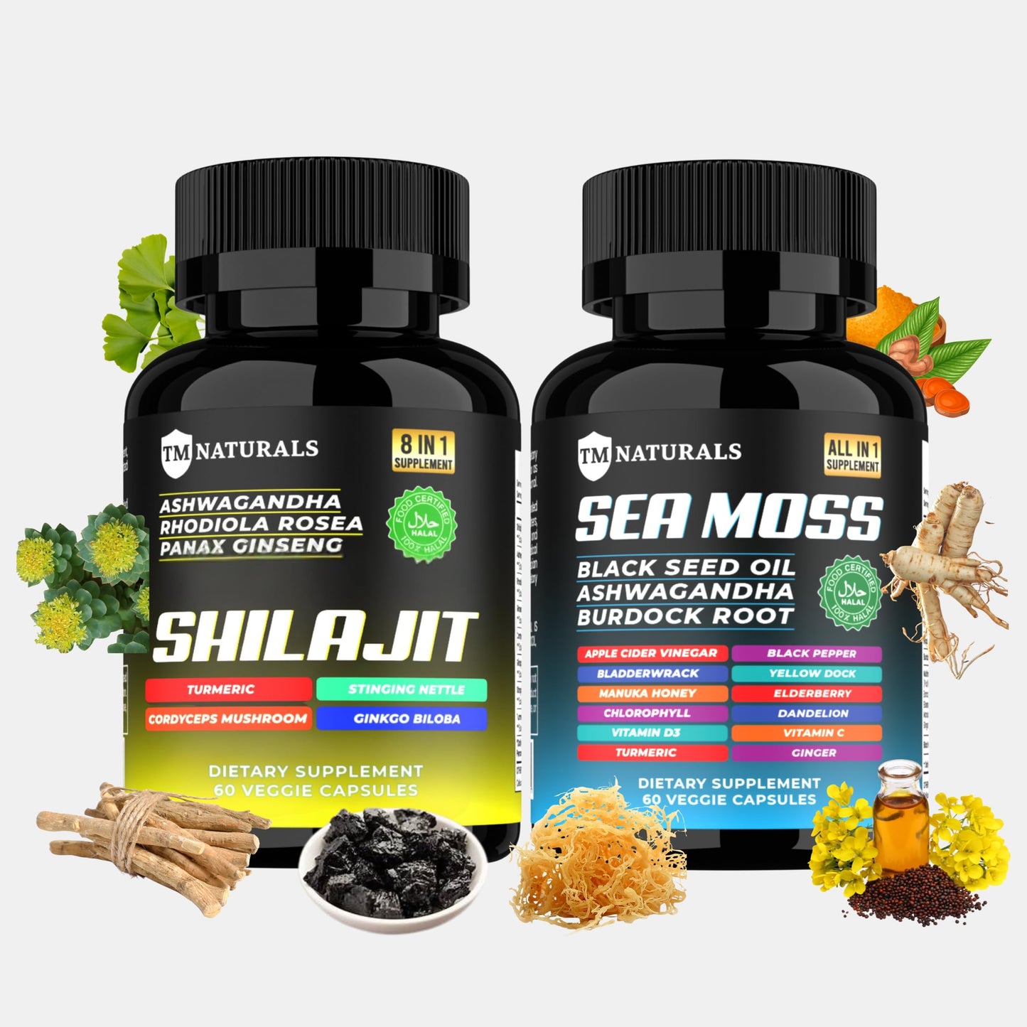 TM NATURALS Sea Moss Shilajit Black Seed Oil Ashwagandha Ginger Capsules 120 Capsules