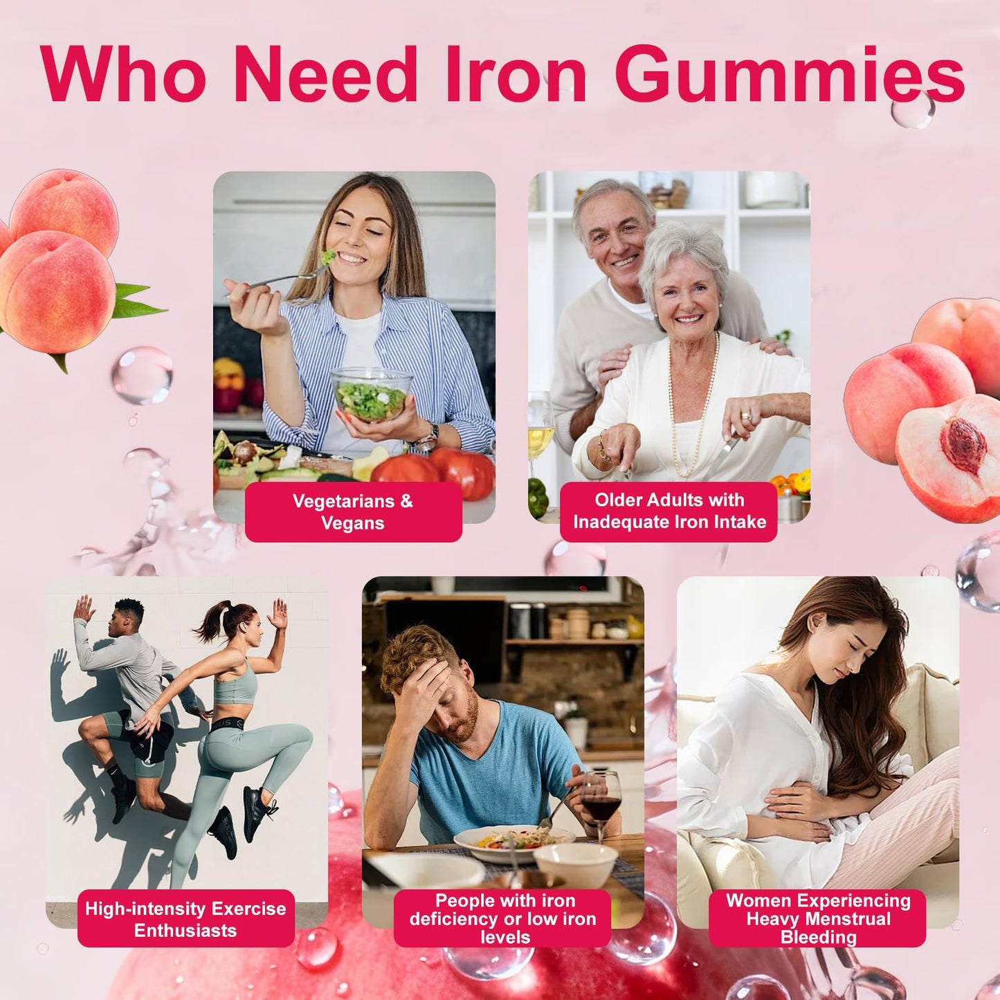 Babivek Iron Gummies with Folate, Vitamin C, B12, B6, Zinc - Peach Flavor, Vegan, 60 Gummies