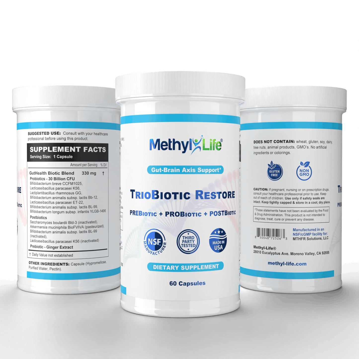 Methyl-Life TrioBiotic Restore – Full-Spectrum Microbiome Support with Probiotics, Prebiotics & Postbiotics – 30 Billion CFU, Shelf-Stable, Gluten-Free, Vegan, Non-GMO 60 Capsules